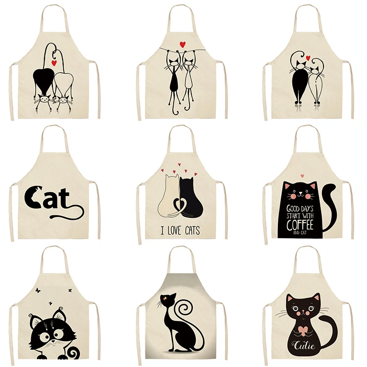 Cat Kitchen Aprons For Women Cotton Linen Bibs Household Cleaning Pinafore Home Cooking Apron kids kitchen barber — image 1