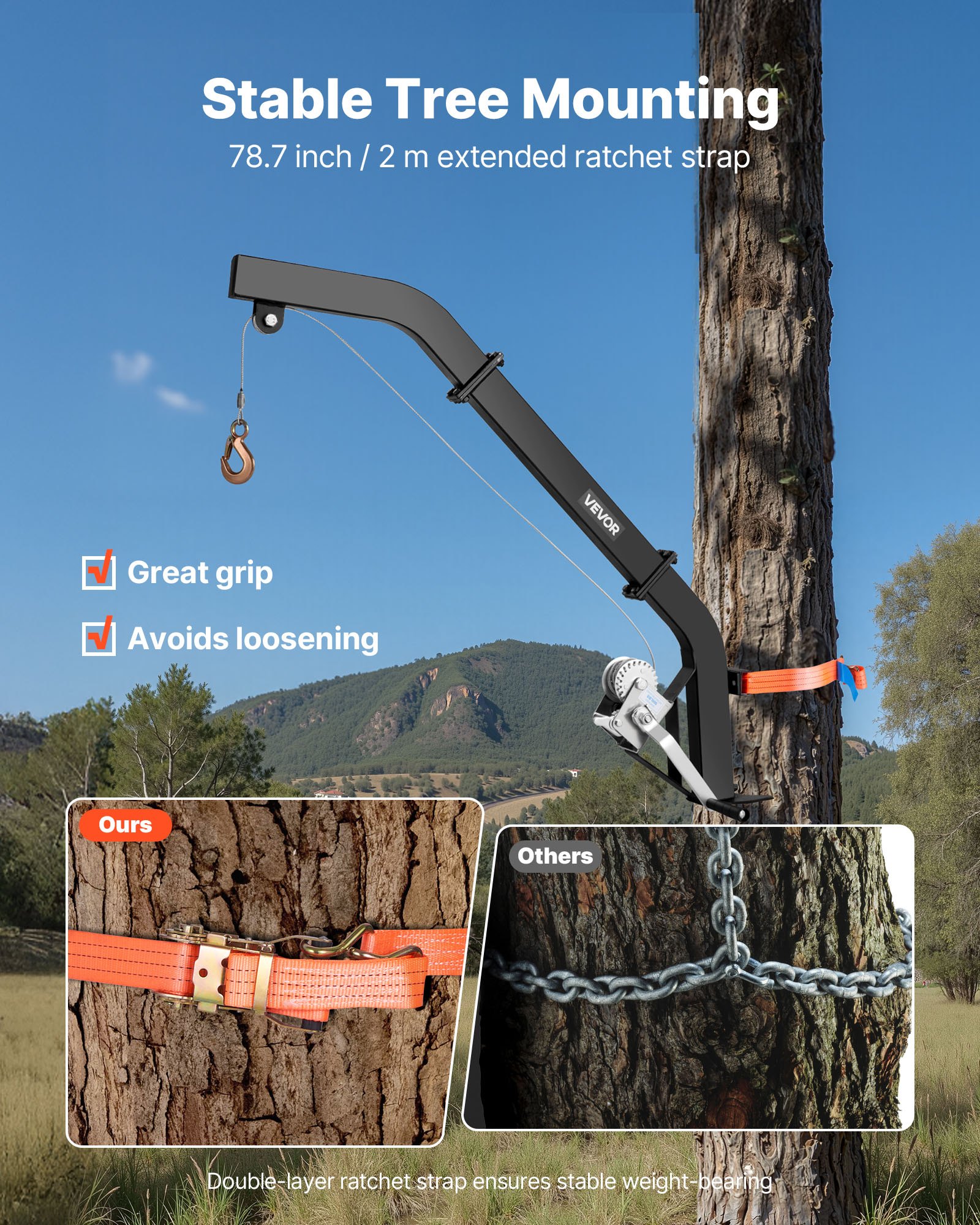 Ahorro de Caza en Árbol 353 Lbs Capacidad de Carga, Sistema de Elevación con Correa de Rascador para Caza de Venado, Soporte para Pielar y Limpiar, Negro — imagen 2
