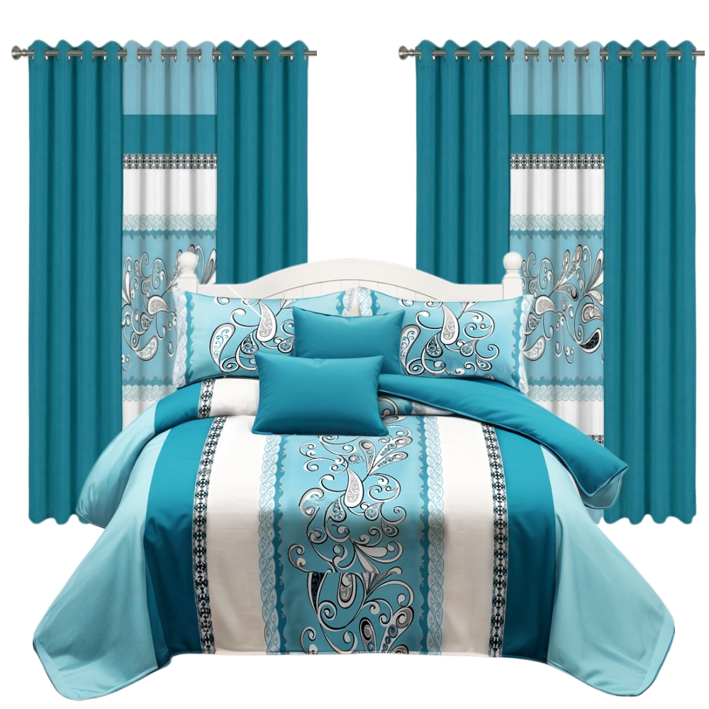 Juego de Edredón y Cortinas Room In A Bag de 9 Piezas, Colcha Gruesa con Estampado de Cachemira Turquesa Aguamarina de Diseñador de EE. UU. con 6 Paneles de Cortina Personalizables, Cubrecama de Alto GSM Apto para Mascotas — imagen 1