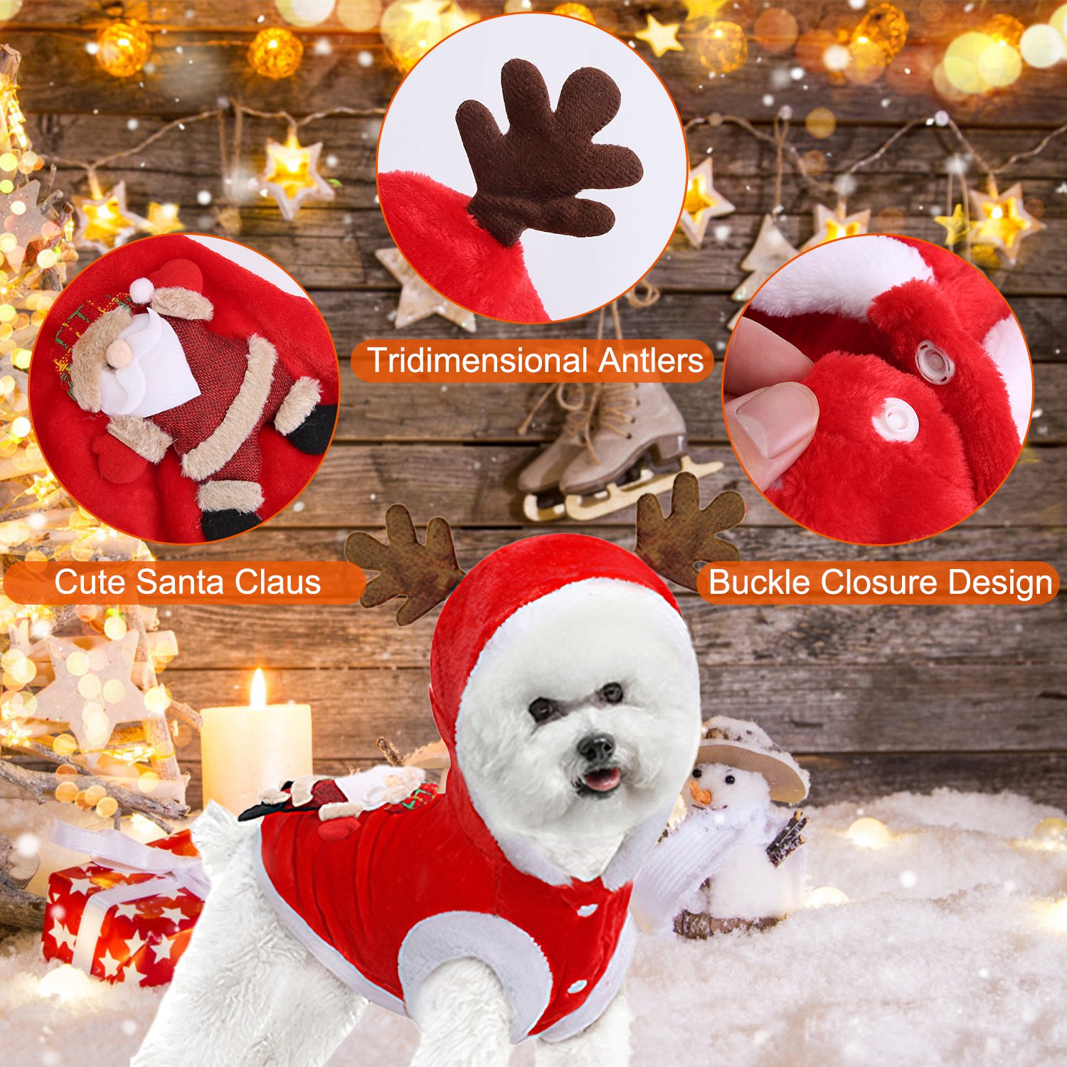 Ropa Navideña para Mascotas Disfraz de Papá Noel con Astas de Reno Traje de Invierno Abrigo de Año Nuevo para Perros y Gatos Pequeños y Medianos — imagen 5