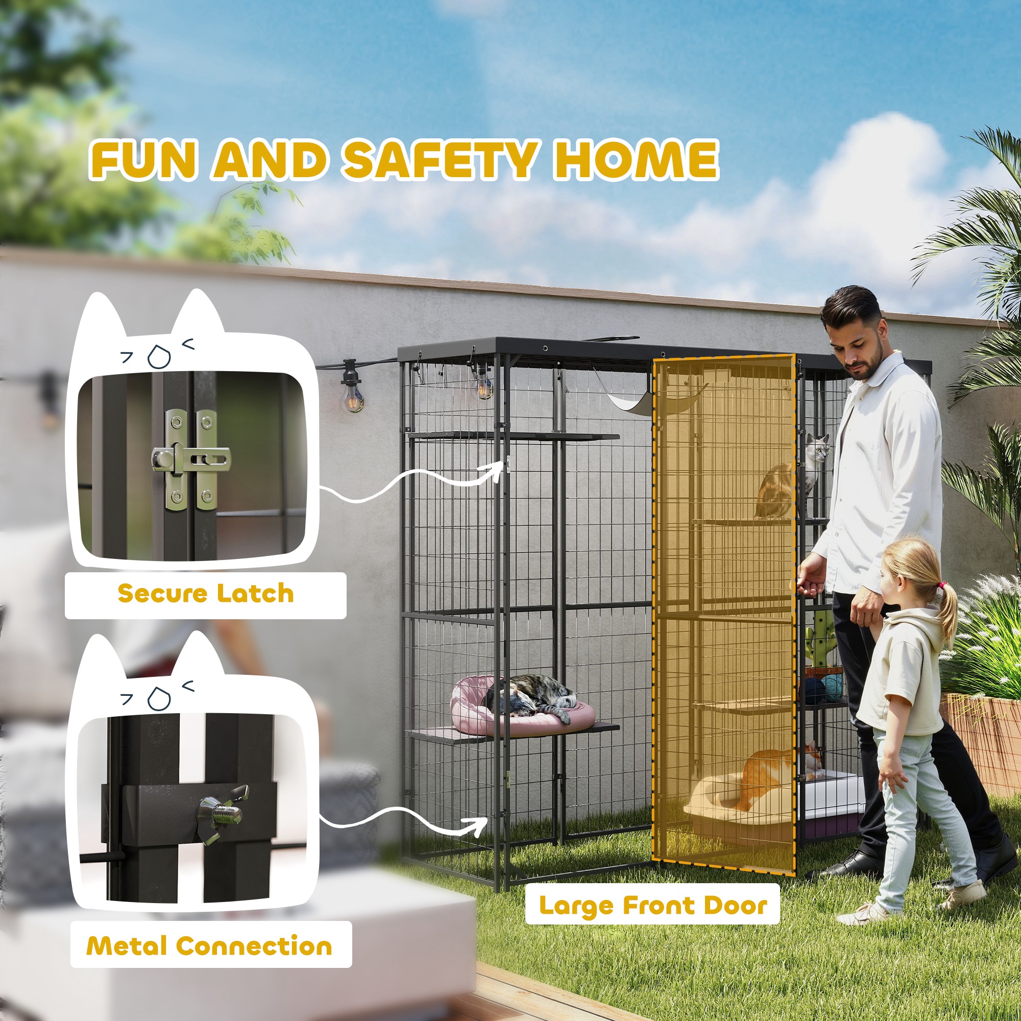 Weld Wire Catio Outdoor Indoor with Waterproof Cover, 4 Jumping Platforms, Hammock, for 1-3 Kittens, 69" x 22" x 62" — image 5