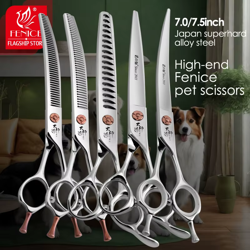 Fenice Japanese Steel 7 Inch Professional Pet Dogs Grooming Scissors Kit Straight & Curved & Thinner & Chunker & Fluffy Shear Scissors — image 1