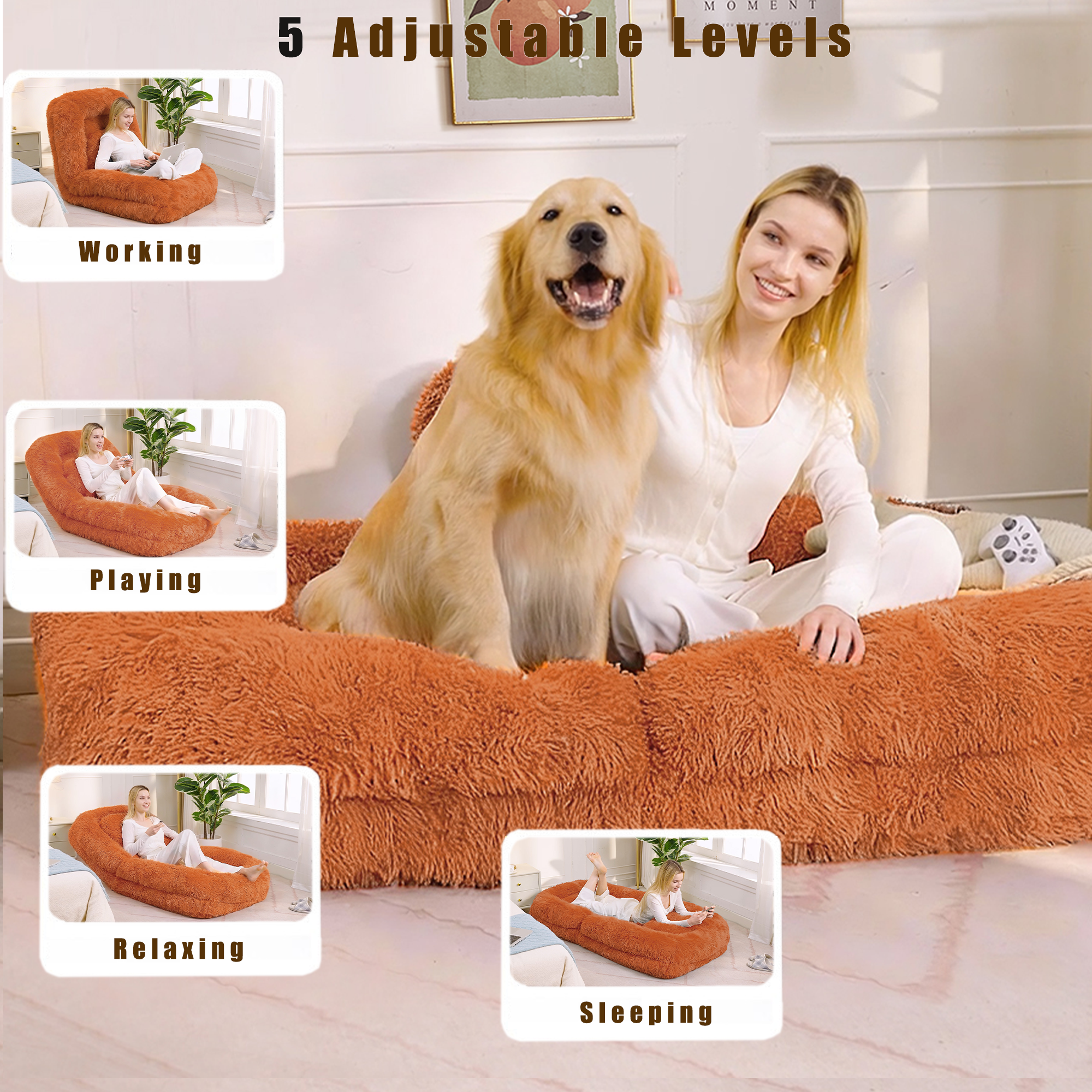 Human Dog Bed, Lazy Sofa, 5-Position Adjustable Convertible, Floor Gaming Chair, bedroom, living room, Suitable for gaming, meditation, relaxation, Plush Fabric, Orange — image 9