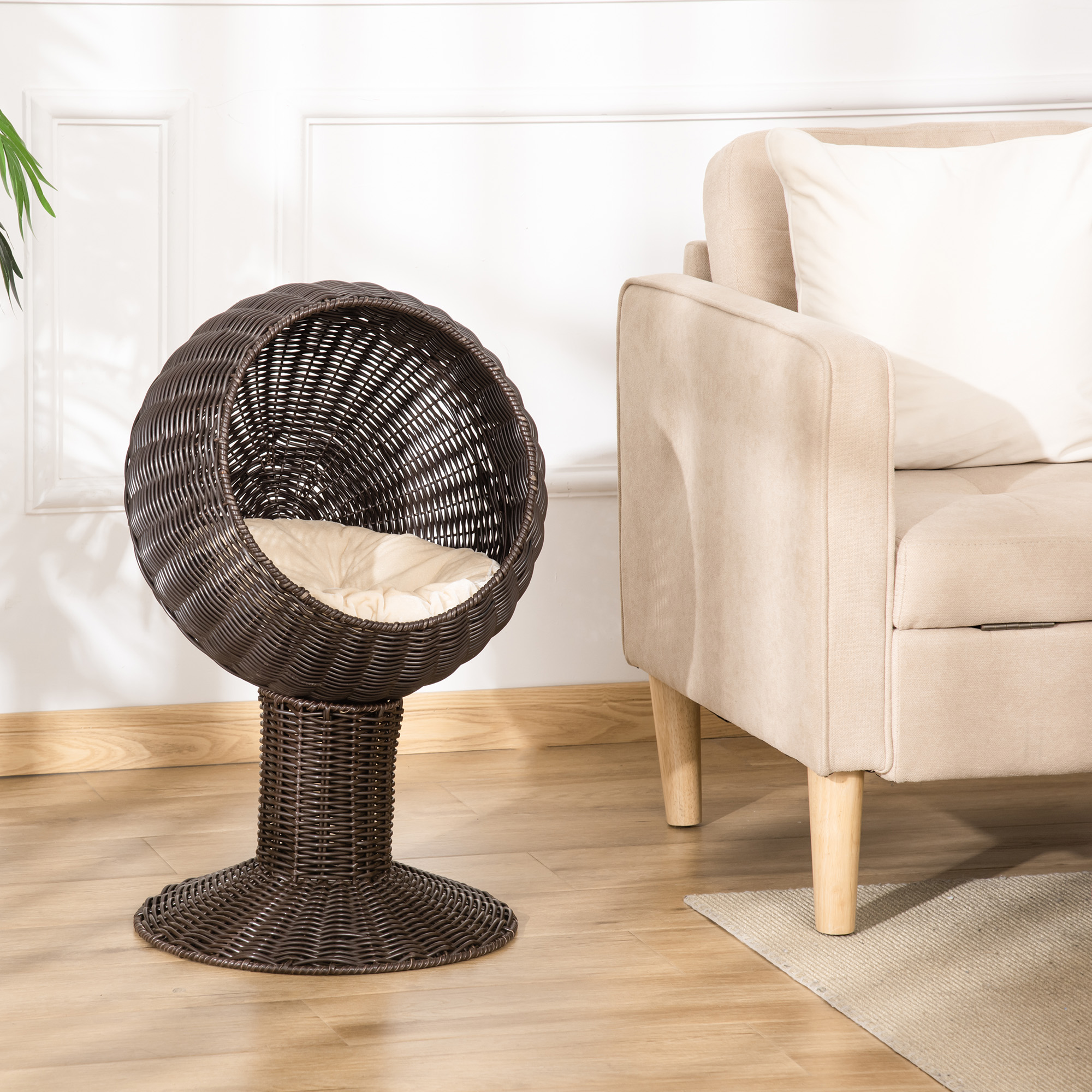 Cama Elevada para Gatos de 27", Silla Huevo Giratoria, Cojín Grueso, Estera Natural Tejida, Color Café — imagen 3