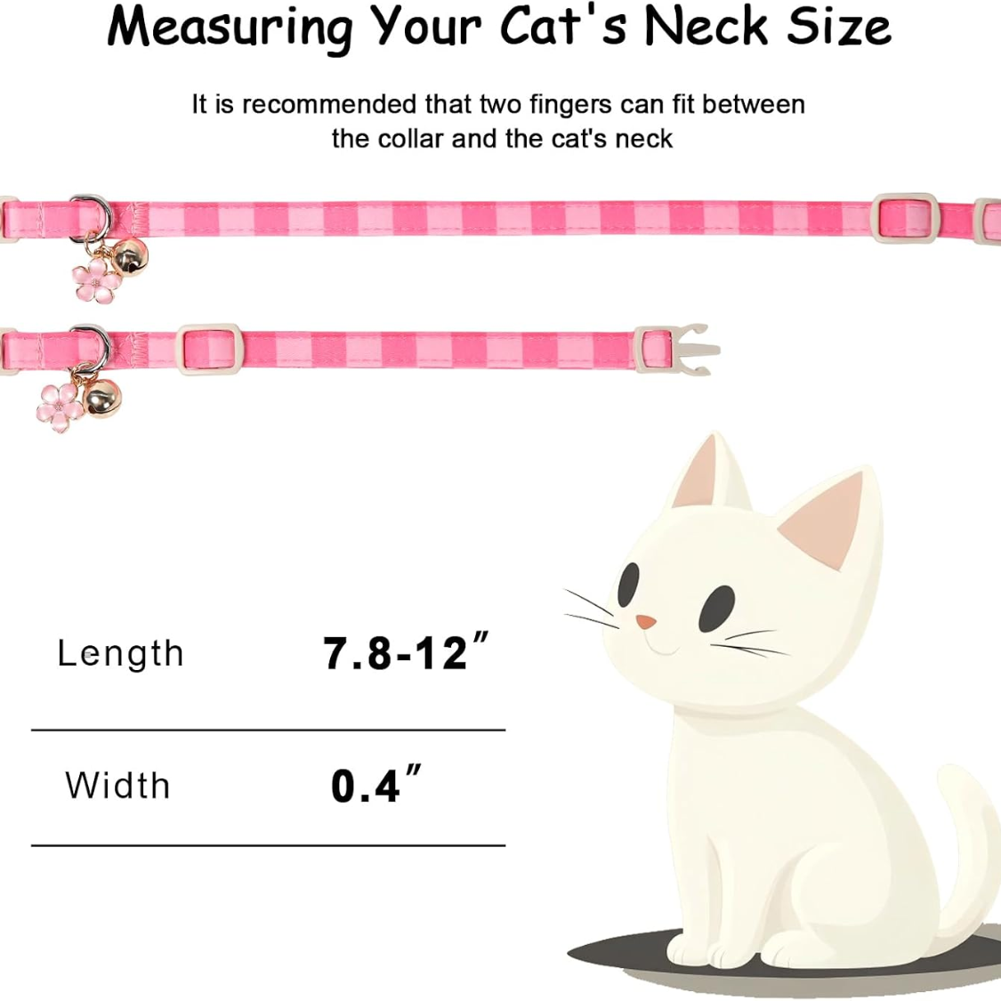 Paquete de 2 Collares Rosas Para Gatos, Primavera Verano, Collar de Seguridad Con Liberación Automática, Cascabel, Lazo y Colgante de Flor, Collares Ajustables Para Gatitas, Lindo Lazo de Cuadros Rosa — imagen 4