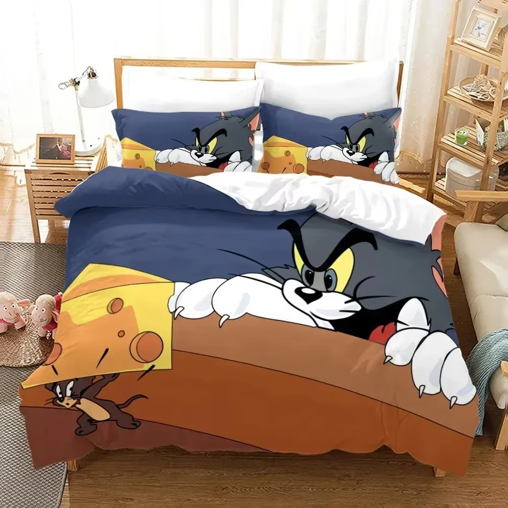 Cartoon T-Tom Mouse and Cat Bedding Set J-Jerry Duvet Cover Bed Set Quilt Cover Pillowcase Comforter king Queen Size Boys Adult — image 1
