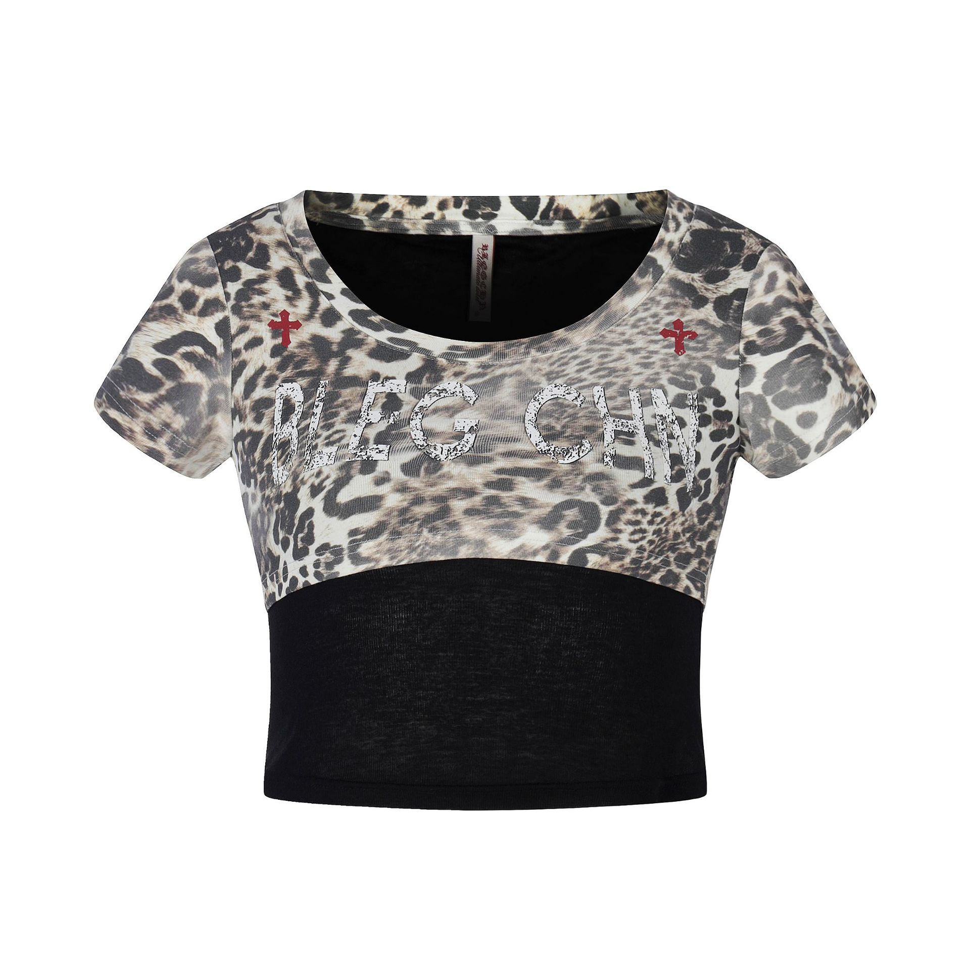 Leopard Print Patchwork Crop Top for Women, Color-Blocking Printed Fitted Slimming Midriff-Baring T-Shirt — image 2