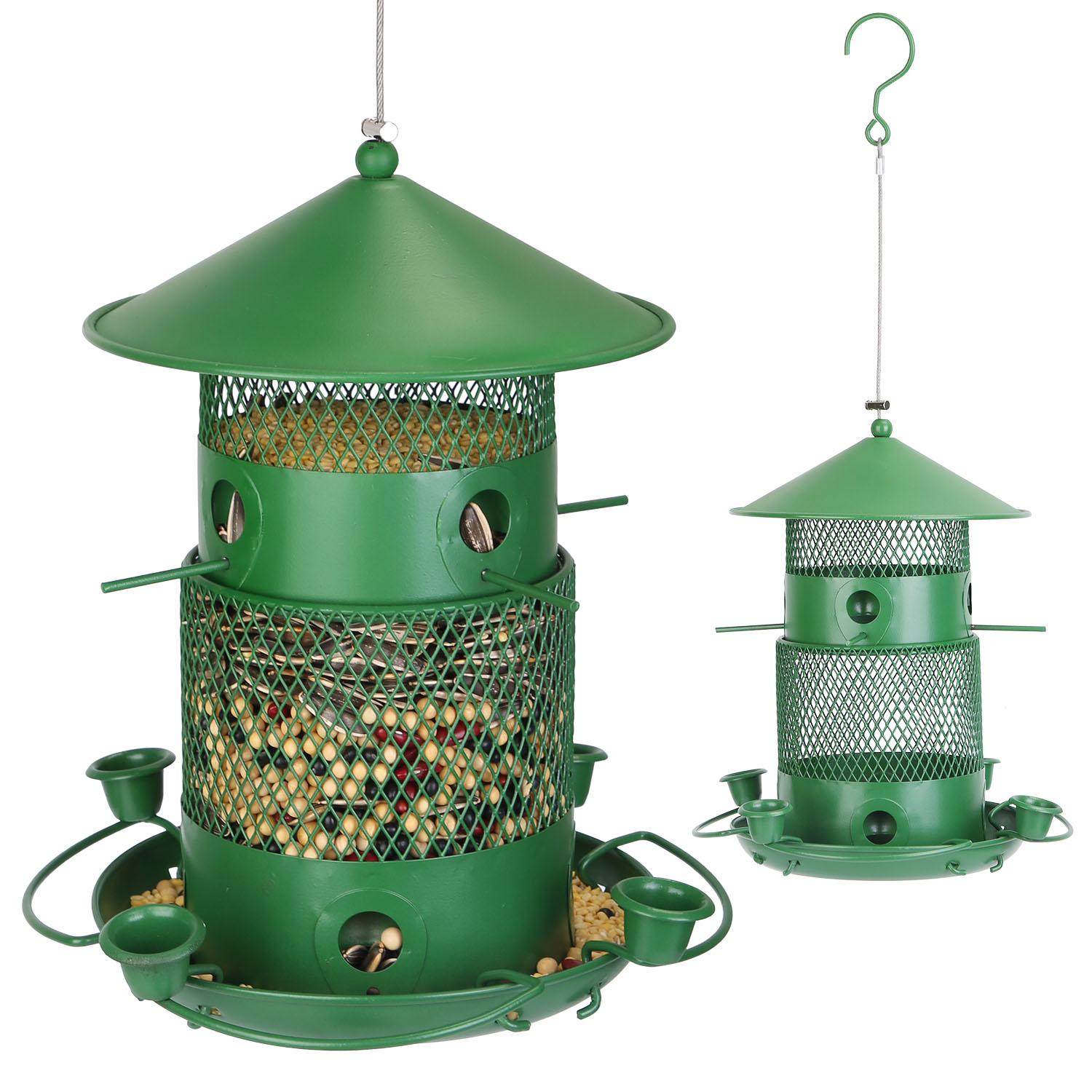 Comedor de Pájaros Silvestres Prueba de Ardillas Resistente al Mordisco Metalúrgico Comedor de Semillas para Jardín Patio Exterior con Perchas Circulares 360° Tazas de Agua para Primavera Verano — imagen 11