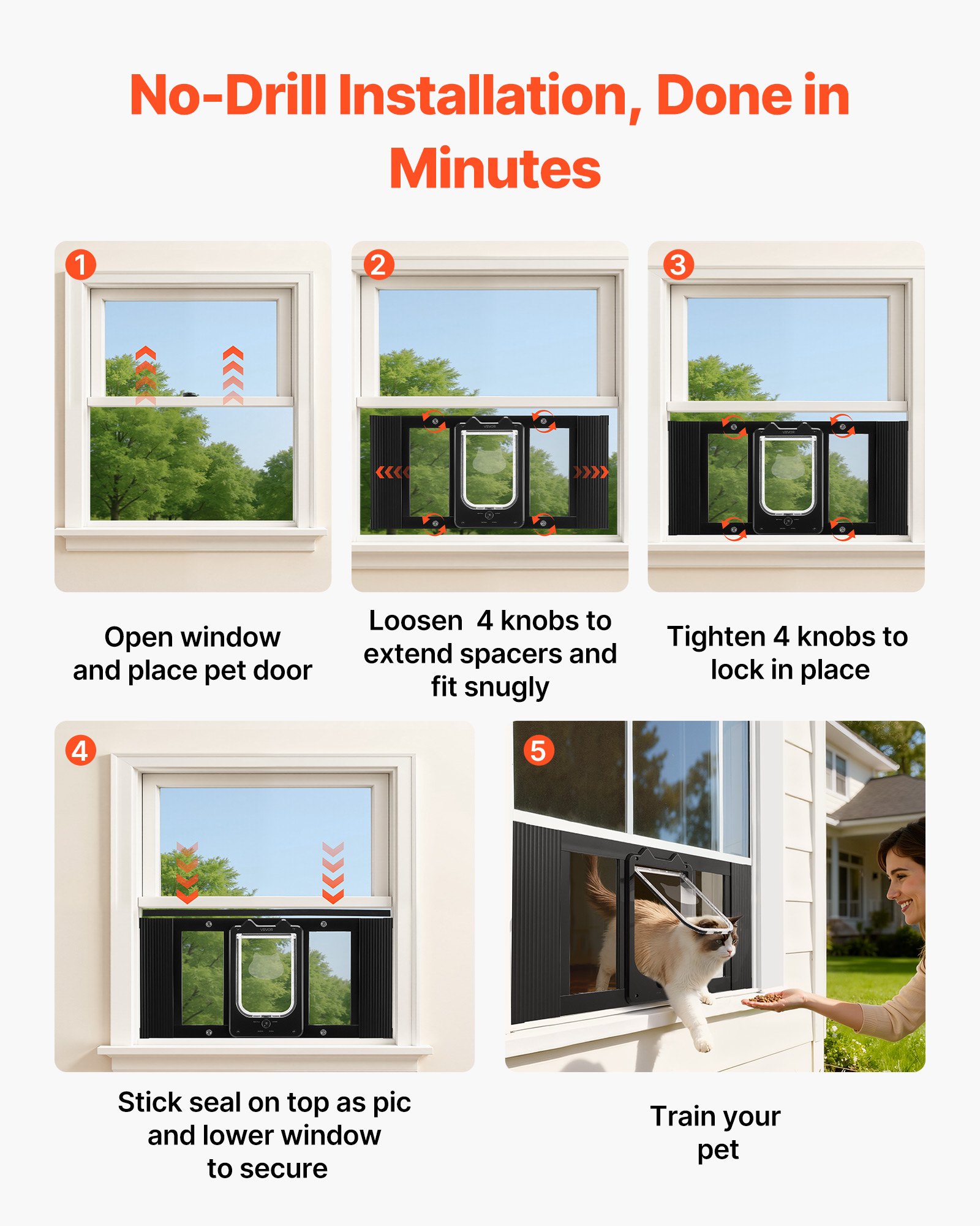Puerta para Gatos en la Ventana, Ajustable 27"-32", 4 Modos de Cierre Seguro, Estructura de Aluminio y Vidrio de Alta Transparencia, Cierre Magnético, Puerta Rápida y Resistente al Tiempo para Mascotas, Negro — imagen 4