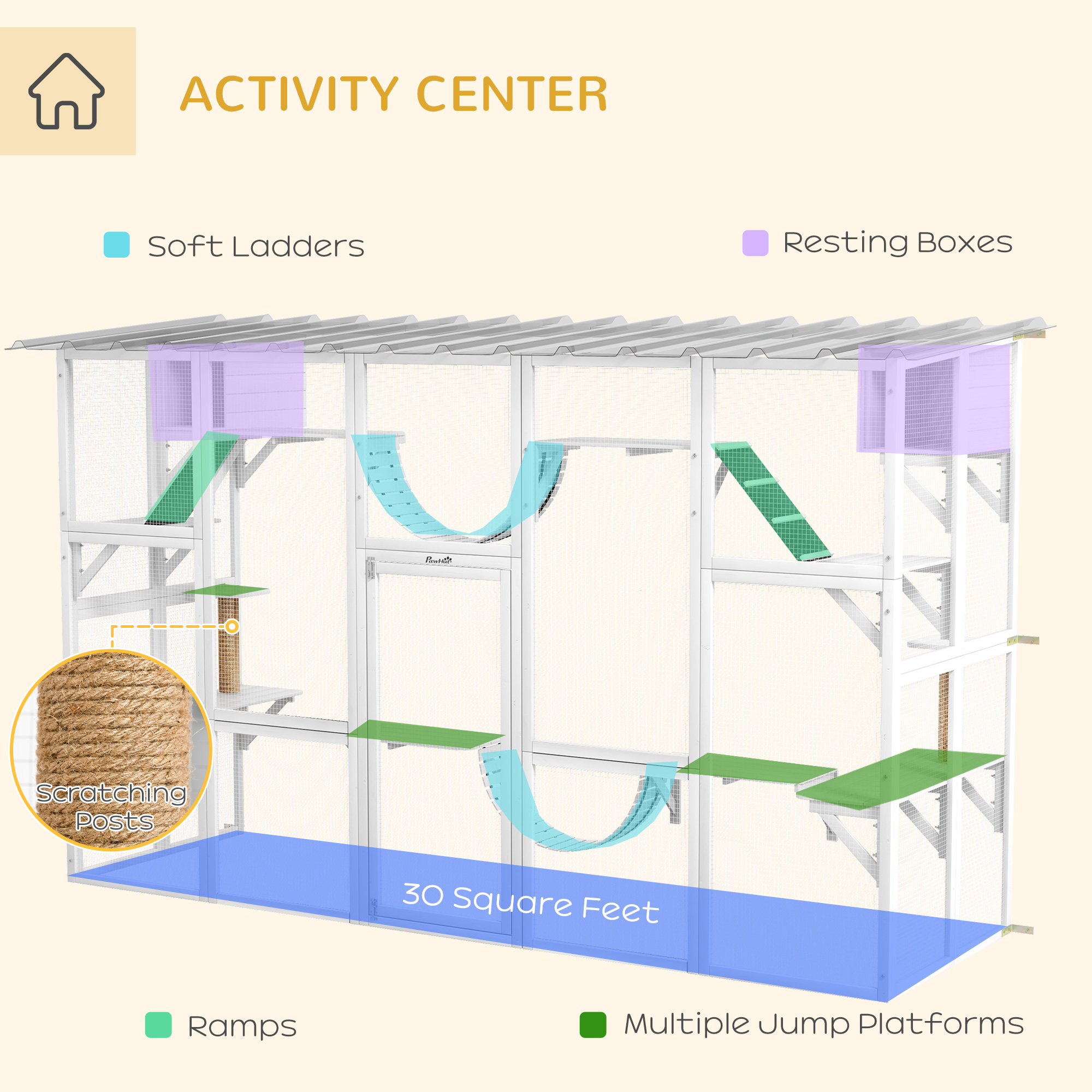 118" Gran Catio al Aire Libre para Gatos con Condominios, Puentes y Postes, Blanco — imagen 7