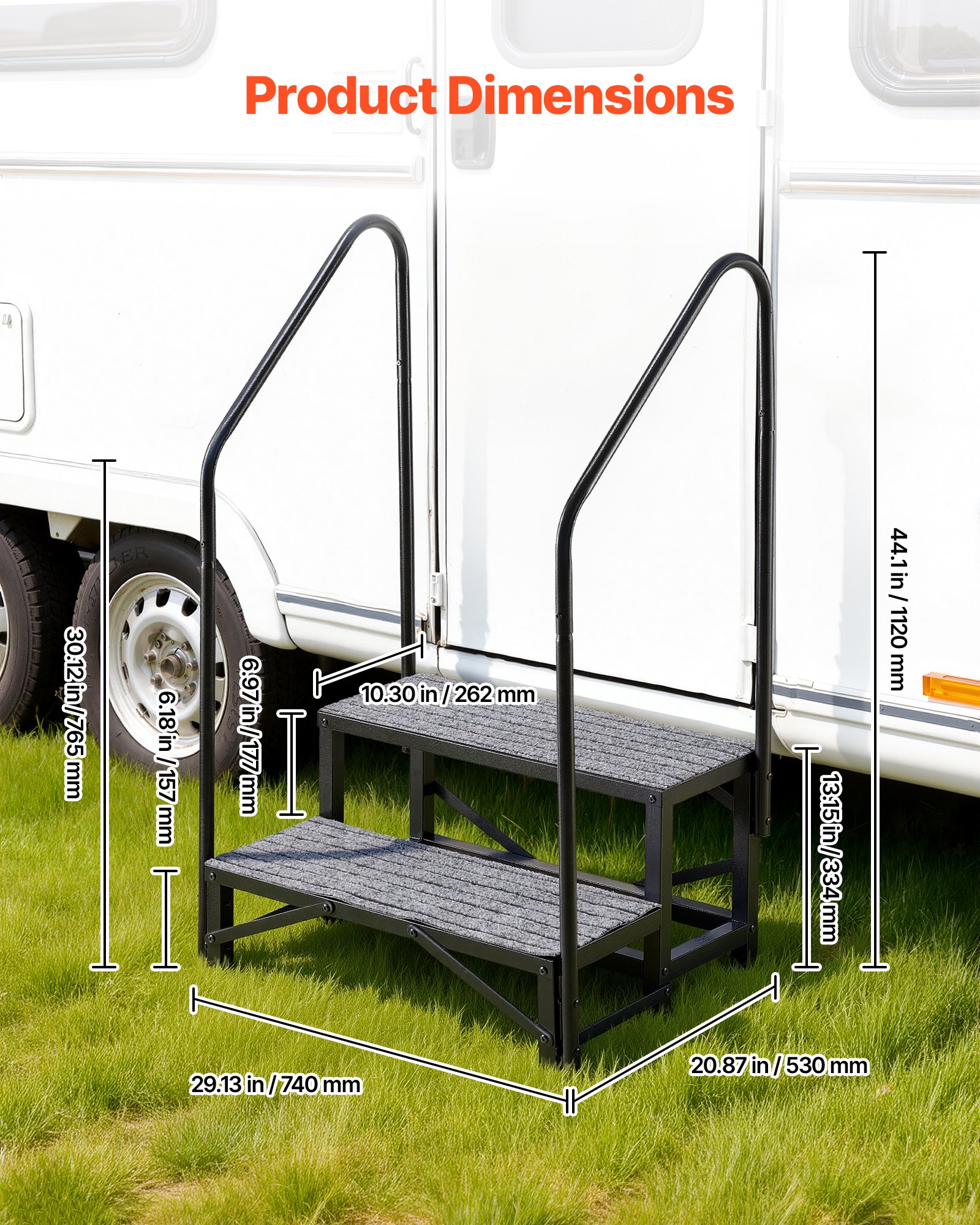RV Steps With Dual Handrails, 2 Steps, 660 Lbs Load Capacity, Heavy Duty Outdoor RV Stairs With Non-Slip Mat For Elderly/Pets, Portable Stairs For Hot Tub, Camper, Mobile Home, Porch, Pool, SPA — image 5