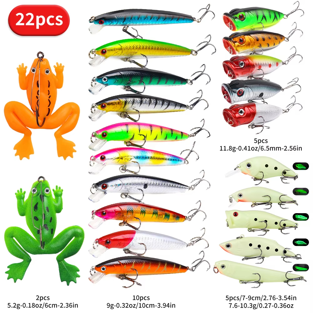 22pcs 1set Hard Lure Bait Soft Frog Popper Minnow Pencil VIB Luminous Lure Kit Durable Hooks Realistic Action Ideal — image 5