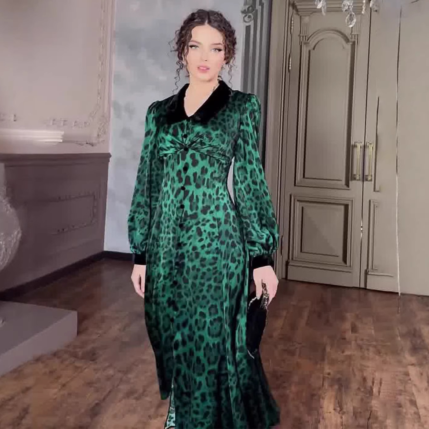 Chic Fitted Waist Leopard Print Long Dress, Printed Slimming Dress Fashion Spring — image 4