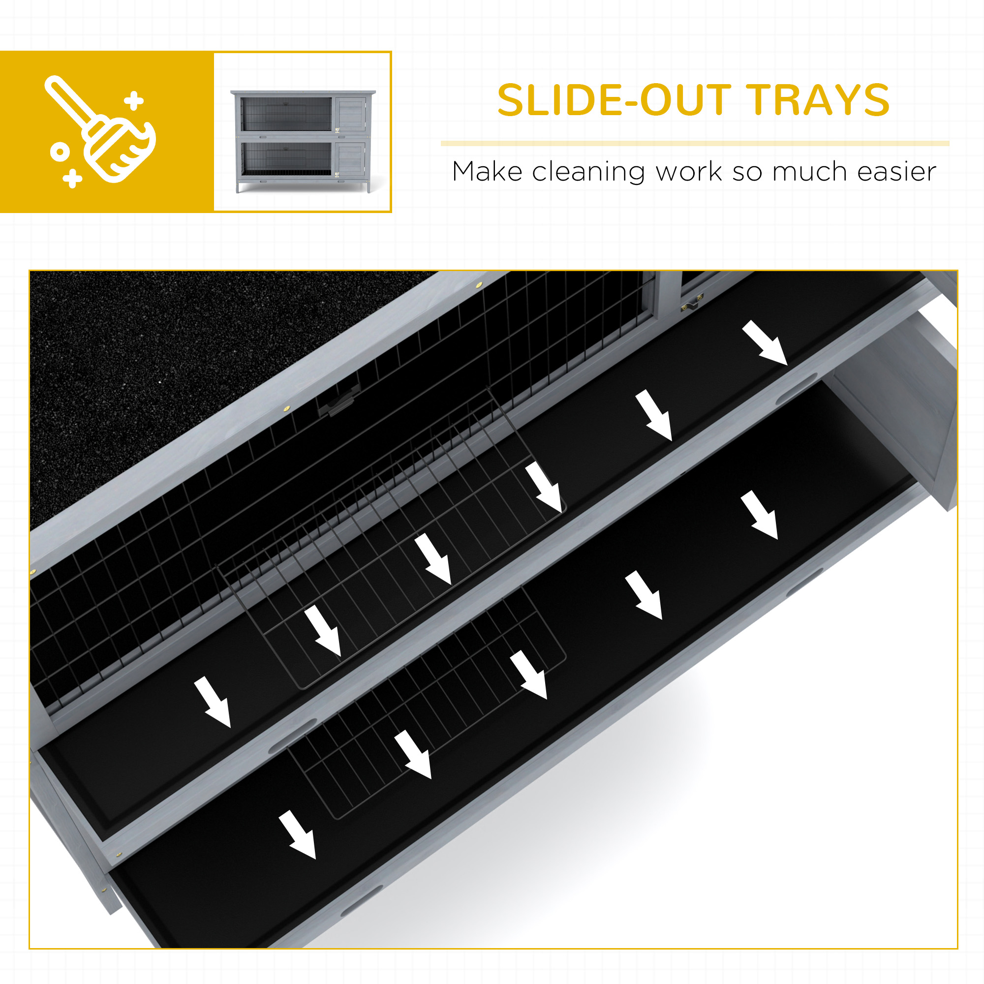 Conejera Grande de Madera de 2 Niveles de 54", Casa para Mascotas, Hábitat para Animales Pequeños con Puertas con Cerradura, Bandeja Antifugas y Techo Impermeable para Conejos, Gallinas y Patos, Interior/Exterior, Gris — imagen 7
