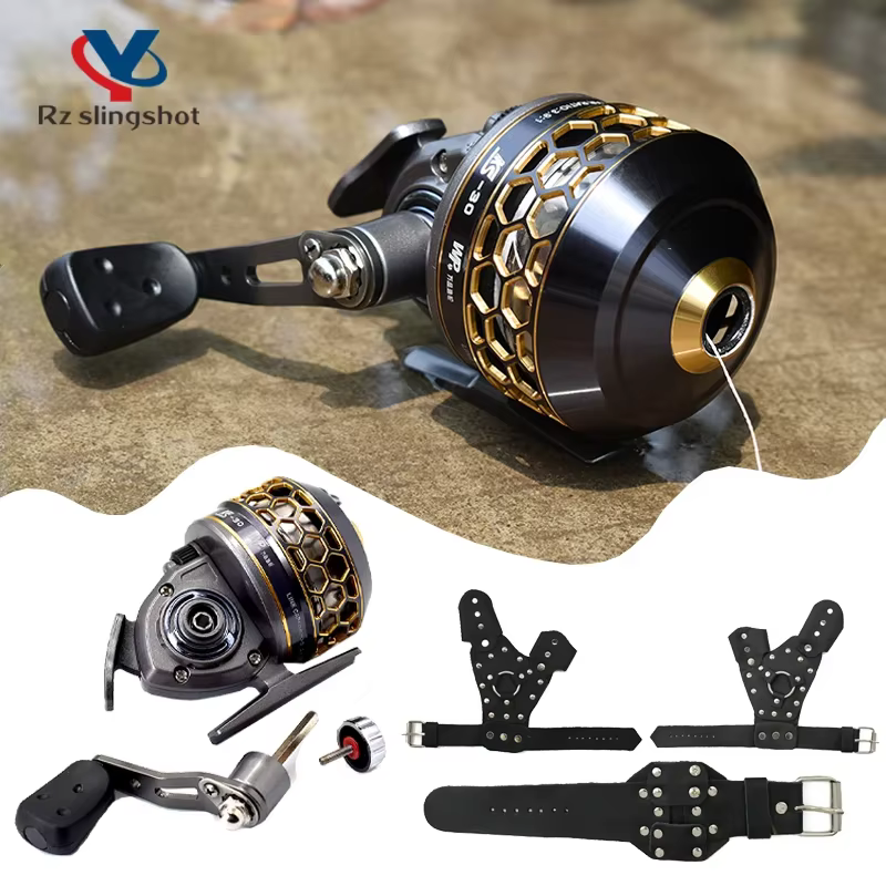 Slingshot Fishing Reel Metal Spinning Interchangeable Handles Catapult Bow Wheel Hunting Outdoor Shooting Closed Reel with Line — image 6