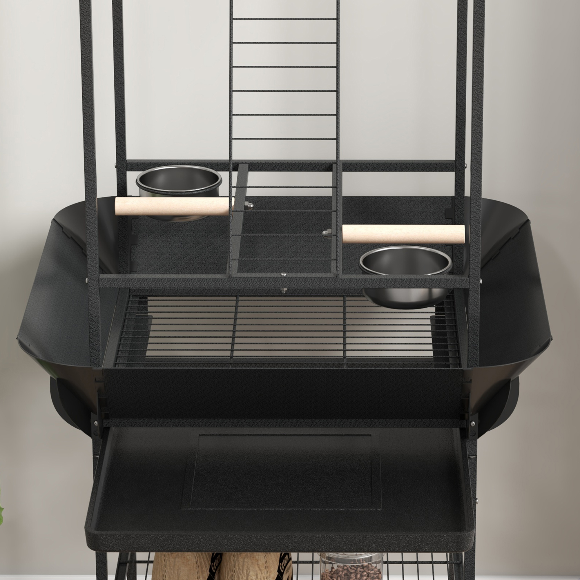 Pesebre para Aves con Ruedas, Perchas, Tazones de Acero Inoxidable y Caja de Limpieza Retráctil para Loros Pequeños, Gris Oscuro — imagen 4