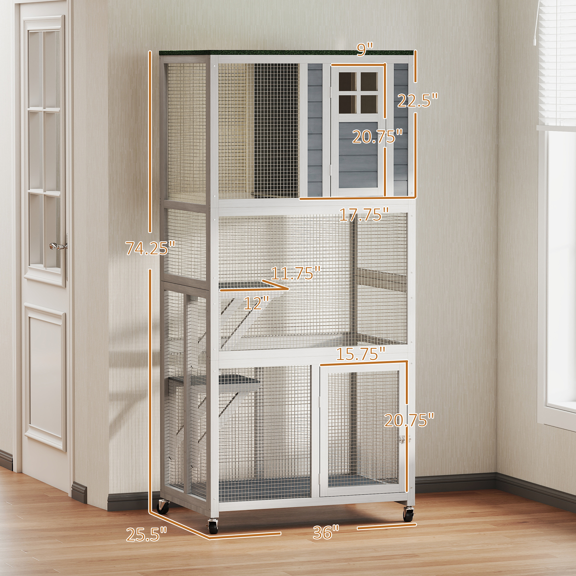 74" Wooden Catio Outdoor Cat Enclosure Weatherproof & Wheeled, Outside Cat House With High Weight Capacity, Kitten Cage Condo, White — imagen 2