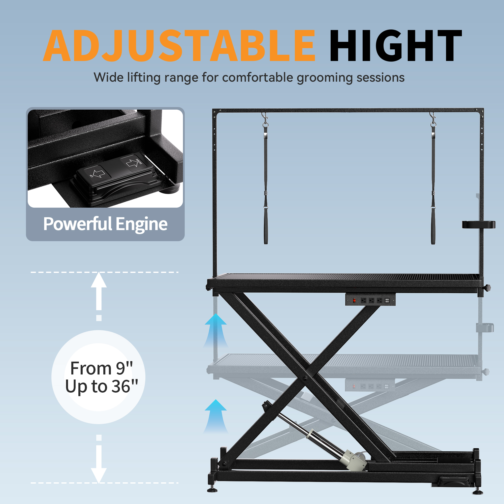 Mesa de Afeitado para Mascotas con Elevación Automática, Ruedas de Nivelación, Brazos de Afeitado, Superficie Antideslizante y Organizador de Herramientas 50 Pulgadas, Negro — imagen 3