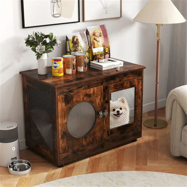 Jaula Mesa Auxiliar 2 en 1 para Perros - Marrón Rústico, Capacidad de 88lbs, Estilo Granja, 32.5"x18.5"x23.5" — imagen 2