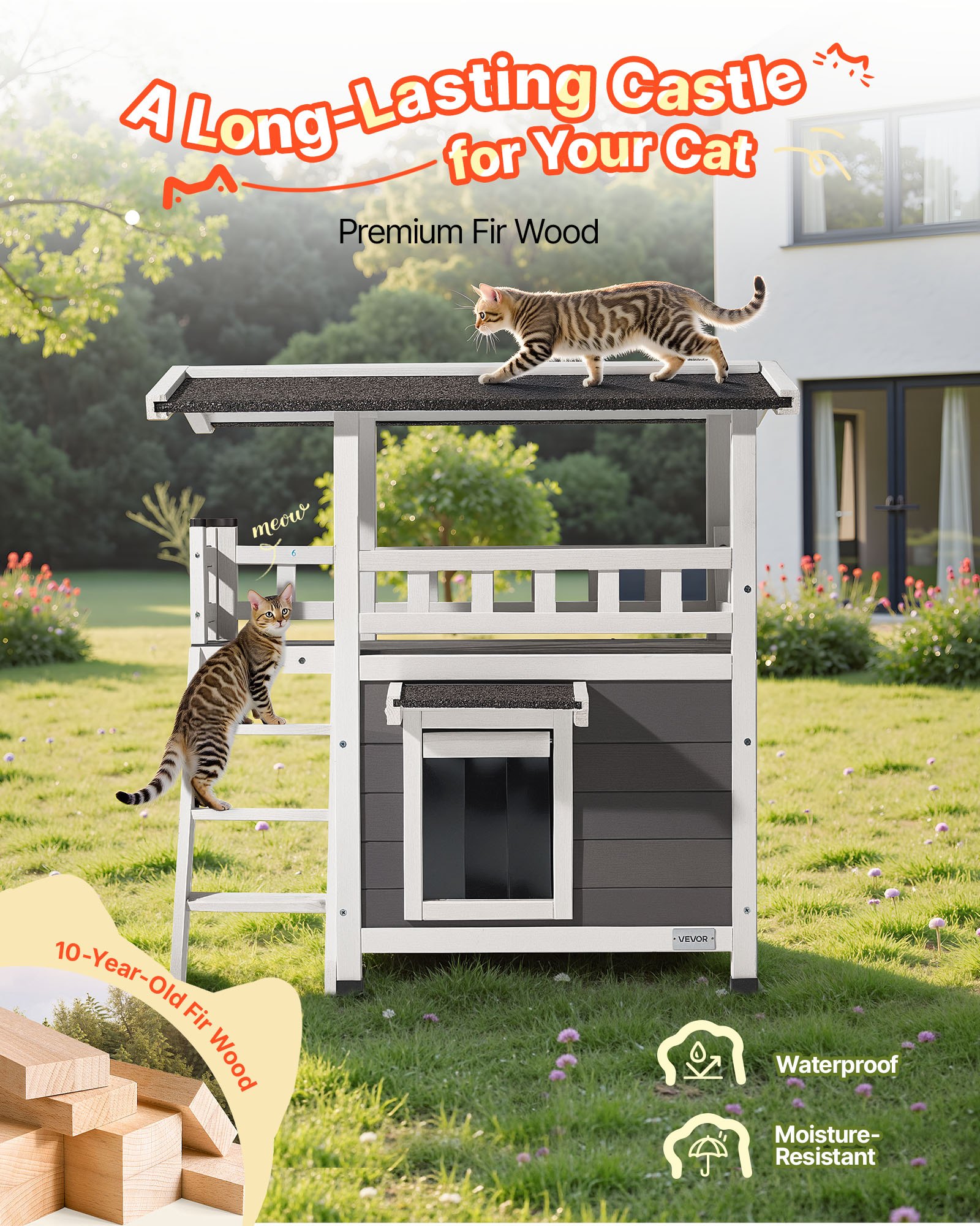 Casa de Gatos al Aire Libre, 2 Niveles, Refugio de Madera para Gatos Ferales con Escaleras y Balcón, Almacén Elevado para Gatos Domésticos e Indomesticados en Invierno, 30 x 22 x 30 Pulgadas — imagen 5
