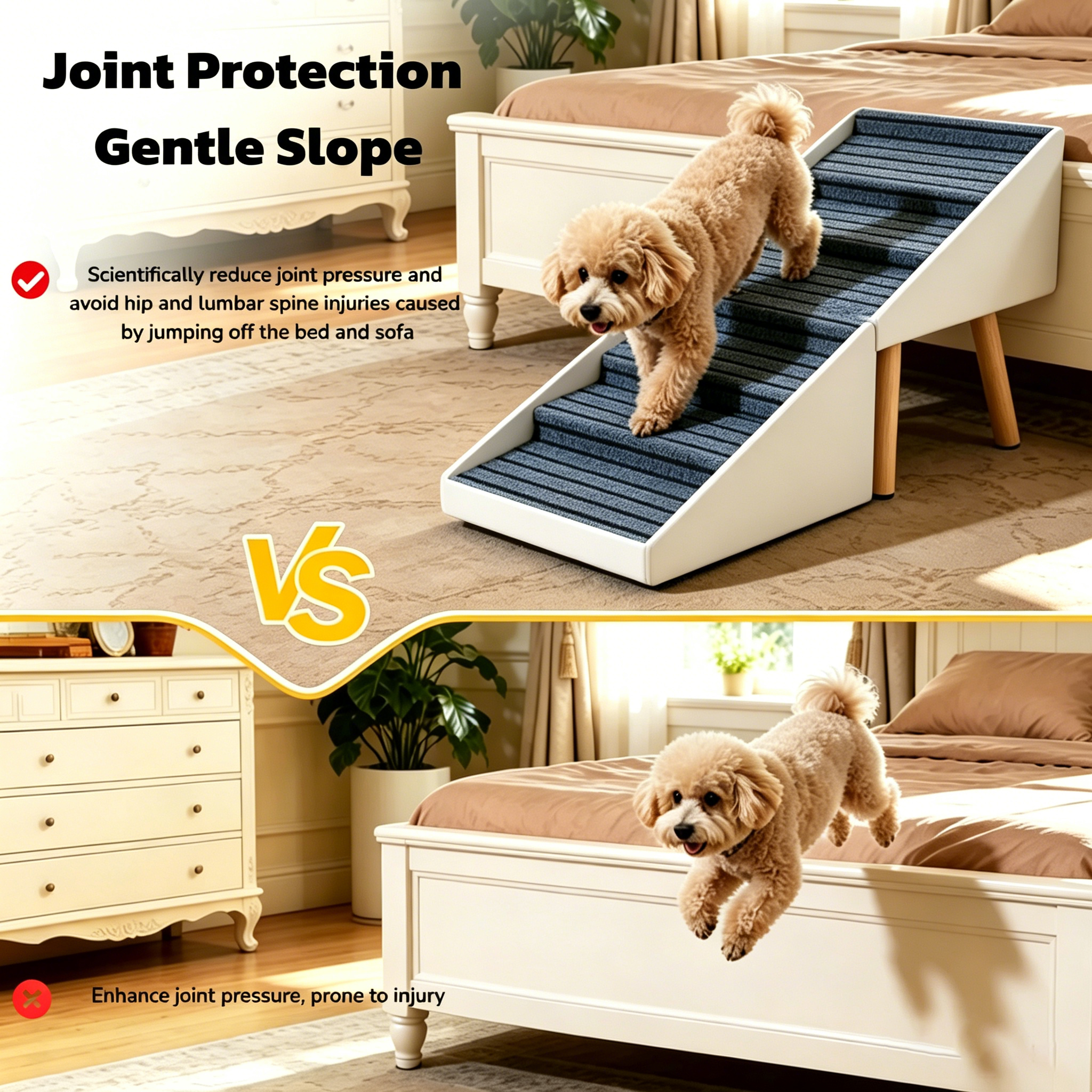 Escalera para Perros 2 en 1 para Cama y Sofá, 25.2" Rampa Plegable para Perros con 6 Escalones y Otomana para Perros Pequeños y Grandes, Beige — imagen 15