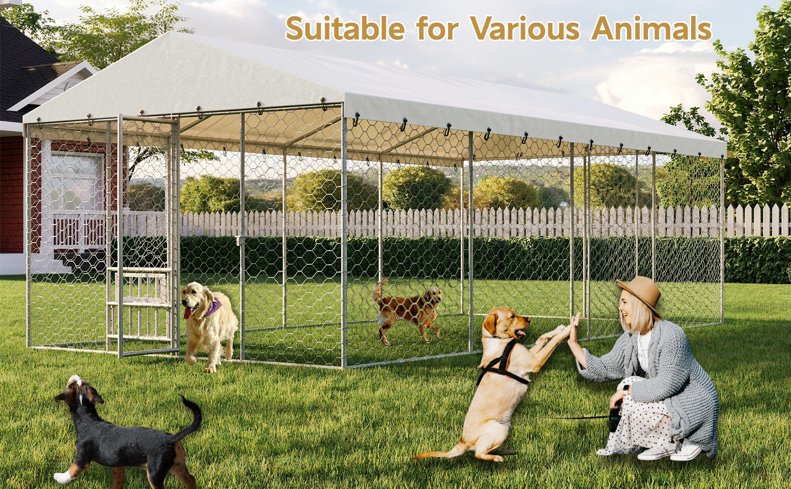 Casa de Perro Al Aire Libre Grande con Techo, Estructura de Acero Galvanizado Resistente, Cubierta Impermeable, Comodines Elevados para Alimentación Integrados, Jaula Segura y Bloqueo para Perros Grandes y Animales Múltiples — imagen 3