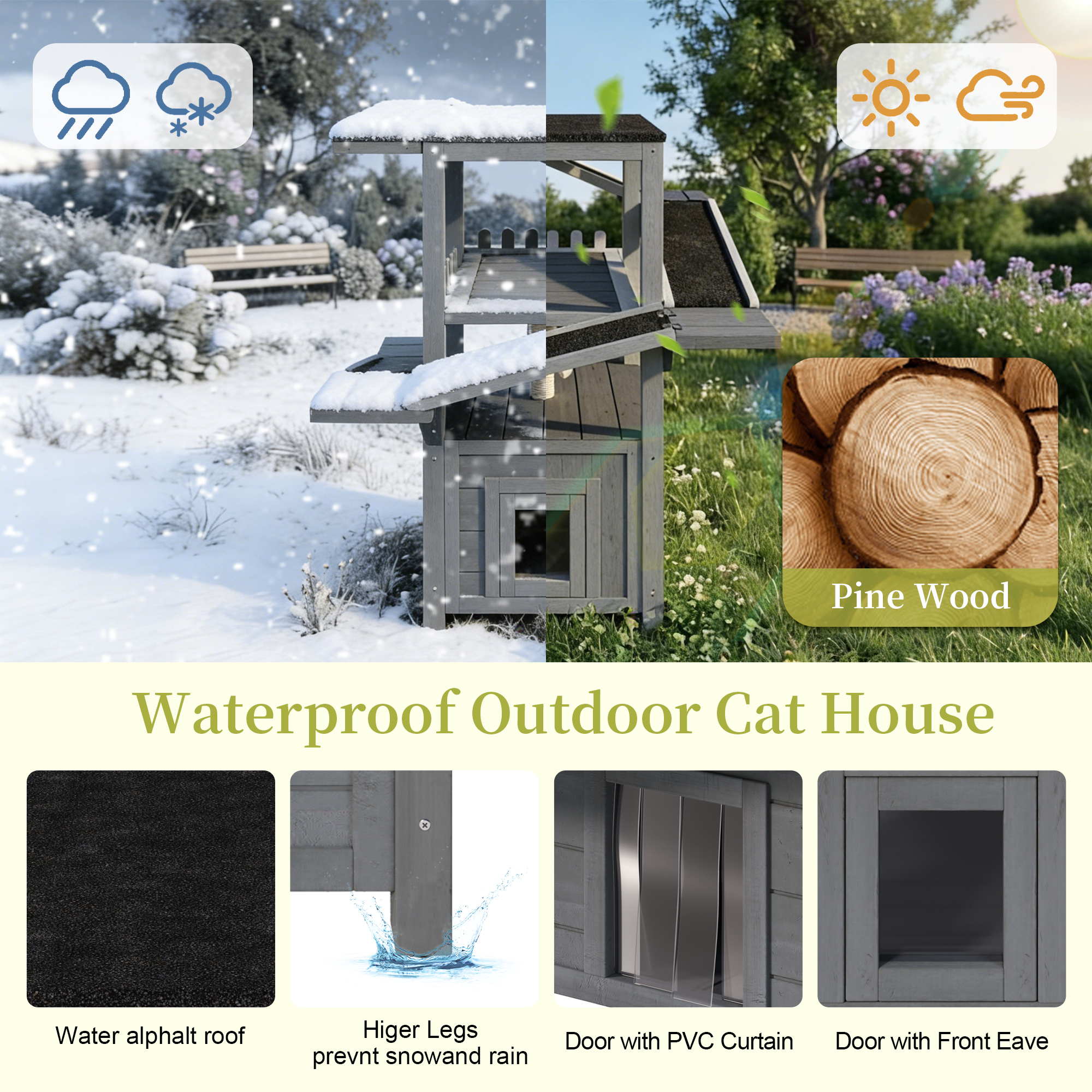 Casa para Gatos de Exterior de 4 Niveles, Torre para Gatos Resistente a la Intemperie con Techo Impermeable y 2 Puertas, Refugio para Gatos Callejeros al Aire Libre, Zonas de Juego de Varios Niveles con Balcón, Para Animales Pequeños, Gris — imagen 4