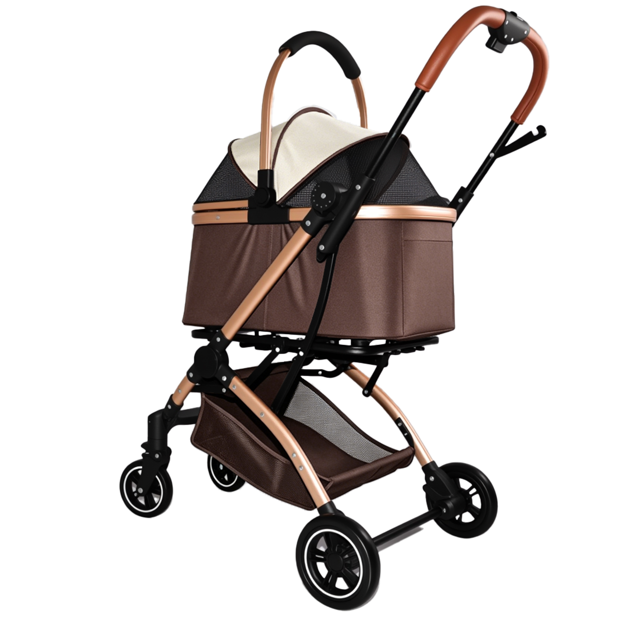 Muleta para Mascotas 2 en 1: Carruaje de 4 Ruedas Reversible con Canasta de Almacenamiento y Sombrilla Solar (Khaki + Oro) — imagen 12
