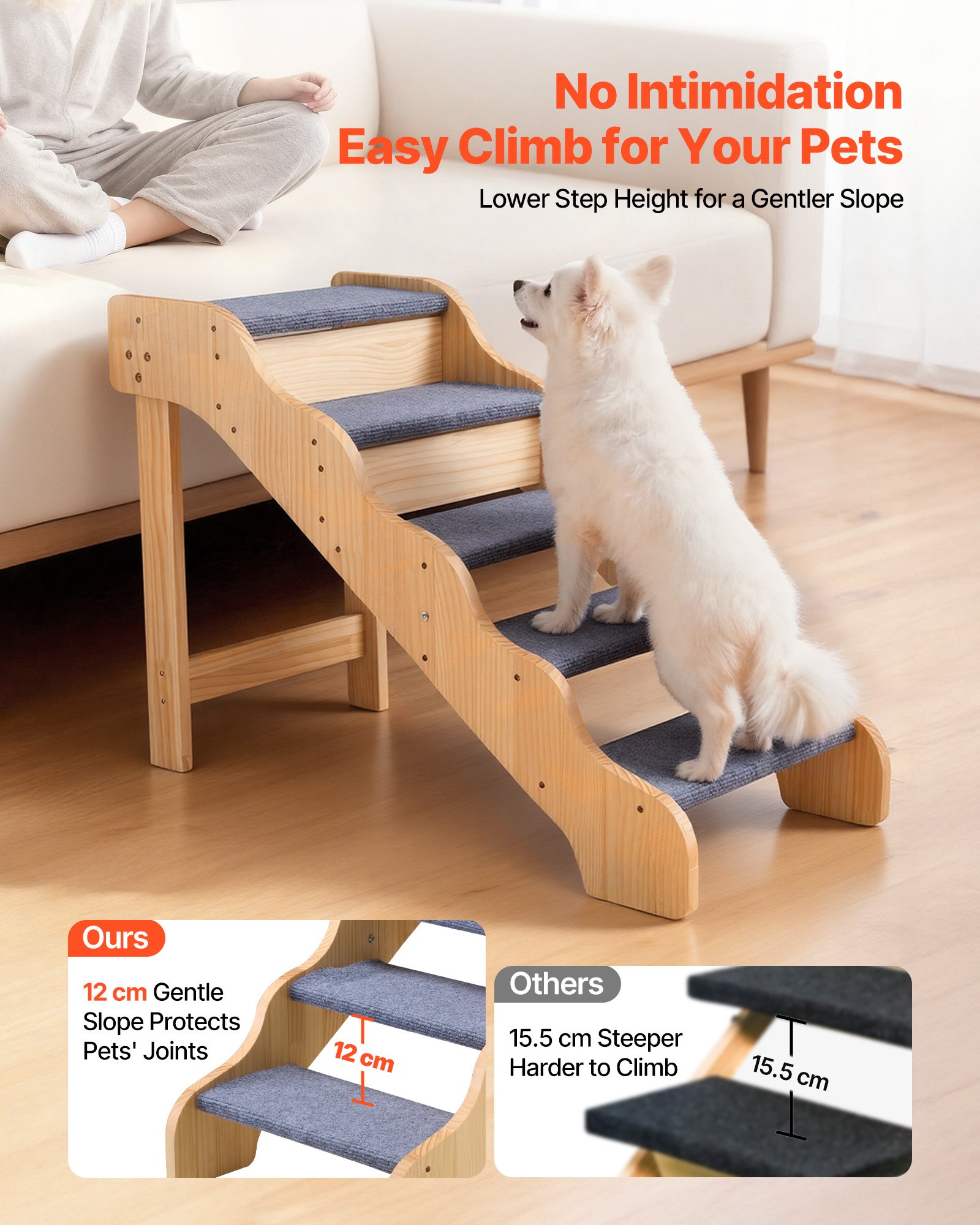 Escaleras de Madera para Mascotas, 5 Pasos para Camas Altas, Sofás y Coches, Capacidad de Carga 150lbs, Superficie Antideslizante, Escalera Segura para Gatos y Perros Pequeños, Medianos y Grandes — imagen 3