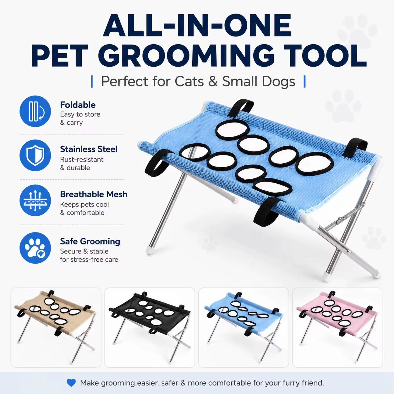 Breathable Pet Grooming Hammock Stand Foldable Dog Cat Nail Clipping Restraint Stainless Steel Care Table for Home Grooming Use — image 4