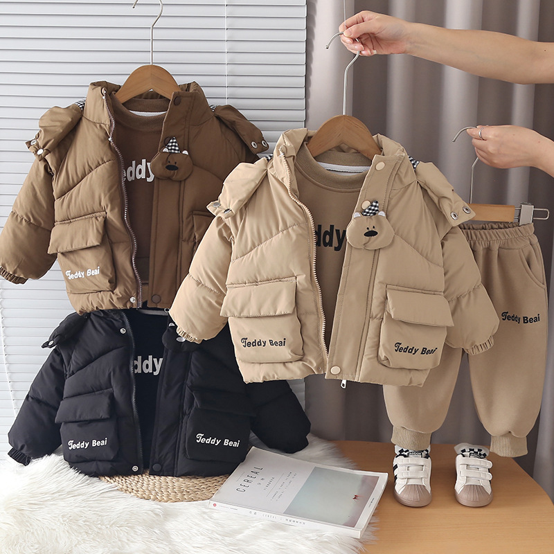 Boys Winter Fleece Lined Thickened Cotton Jacket Three-Piece Set with Cute Bear Head Pattern — image 3