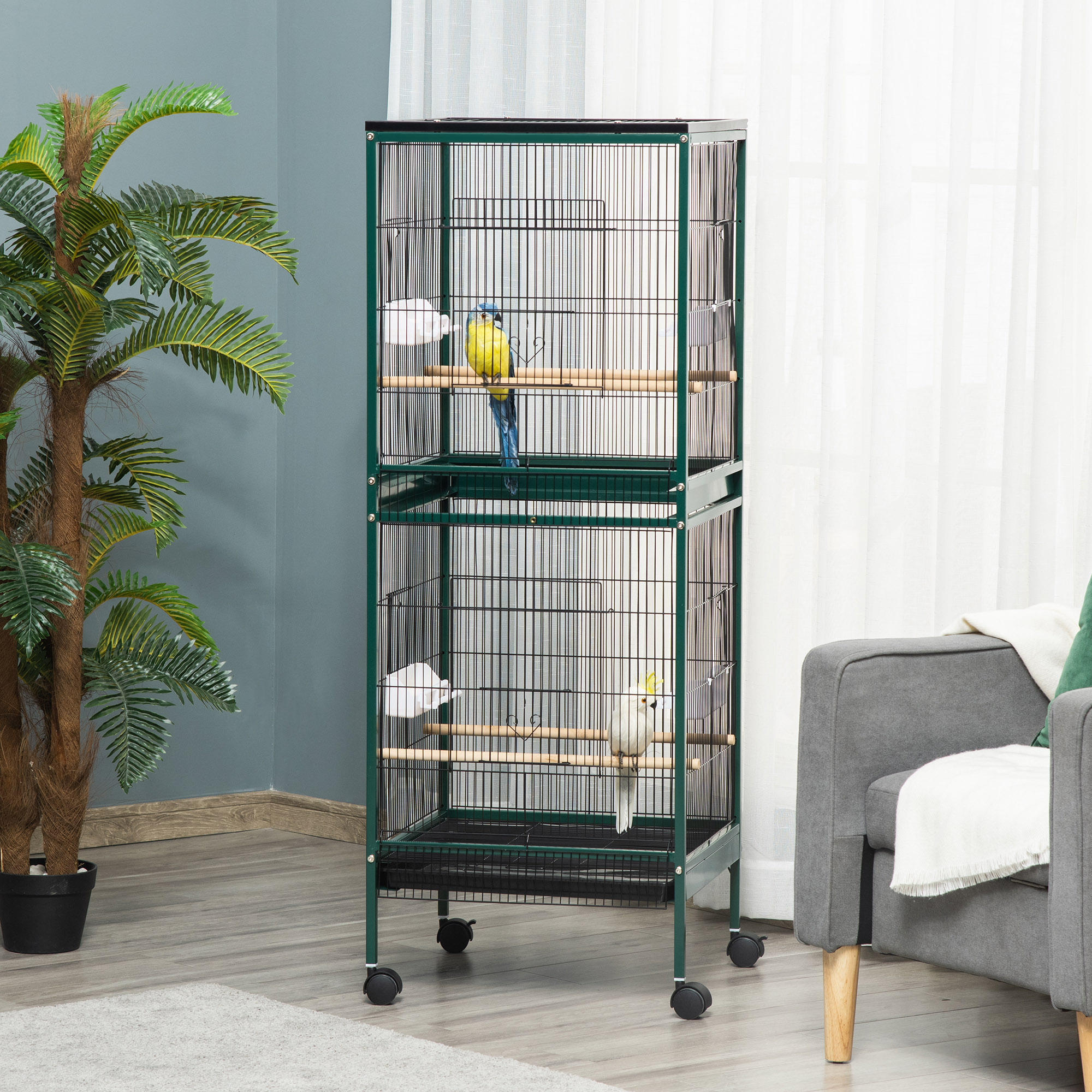 Large Bird Cage With 1.7 Ft. Width For Wingspan, Bird Aviary Indoor With Multi-Door Design, Fit For A Canary, Finch, Conure, 55", Green — imagen 1