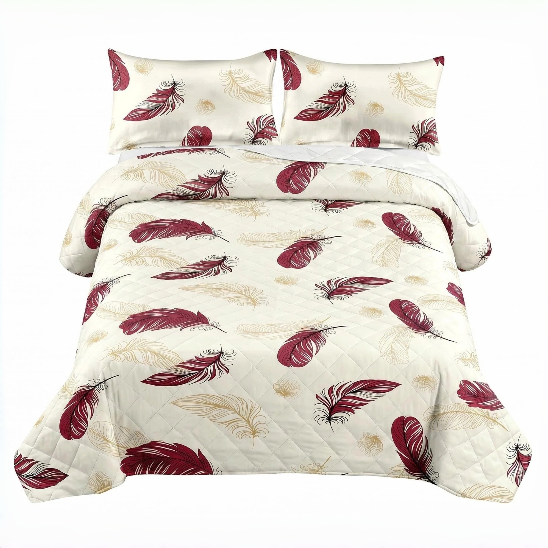 9 Piece Room In A Bag Quilt And Curtain Set, US Designer Burgundy Gold Boho Feather Print Heavyweight Bedspread With 6 Customizable Window Panels, Pet-Friendly High GSM Coverlet — image 5