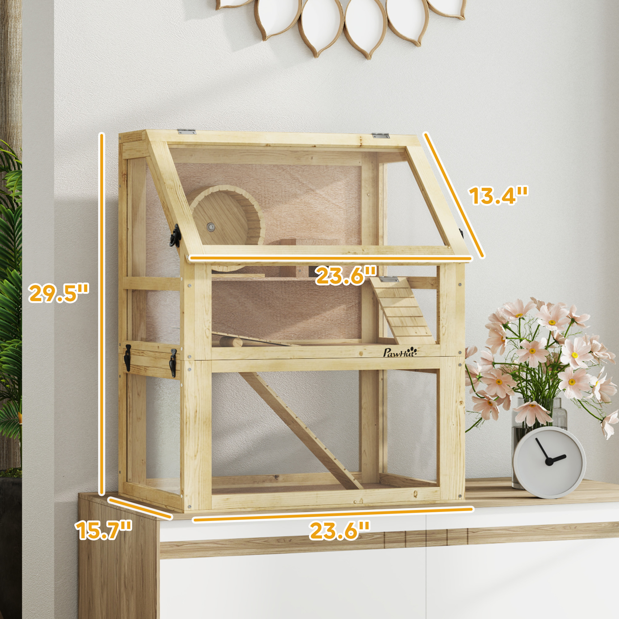 3 Tier Wooden Hamster Cage W/ Detachable Bottom, Hut, Seesaw, Exercise Wheel, Ramps, 24" X 16" X 29.5" — imagen 4