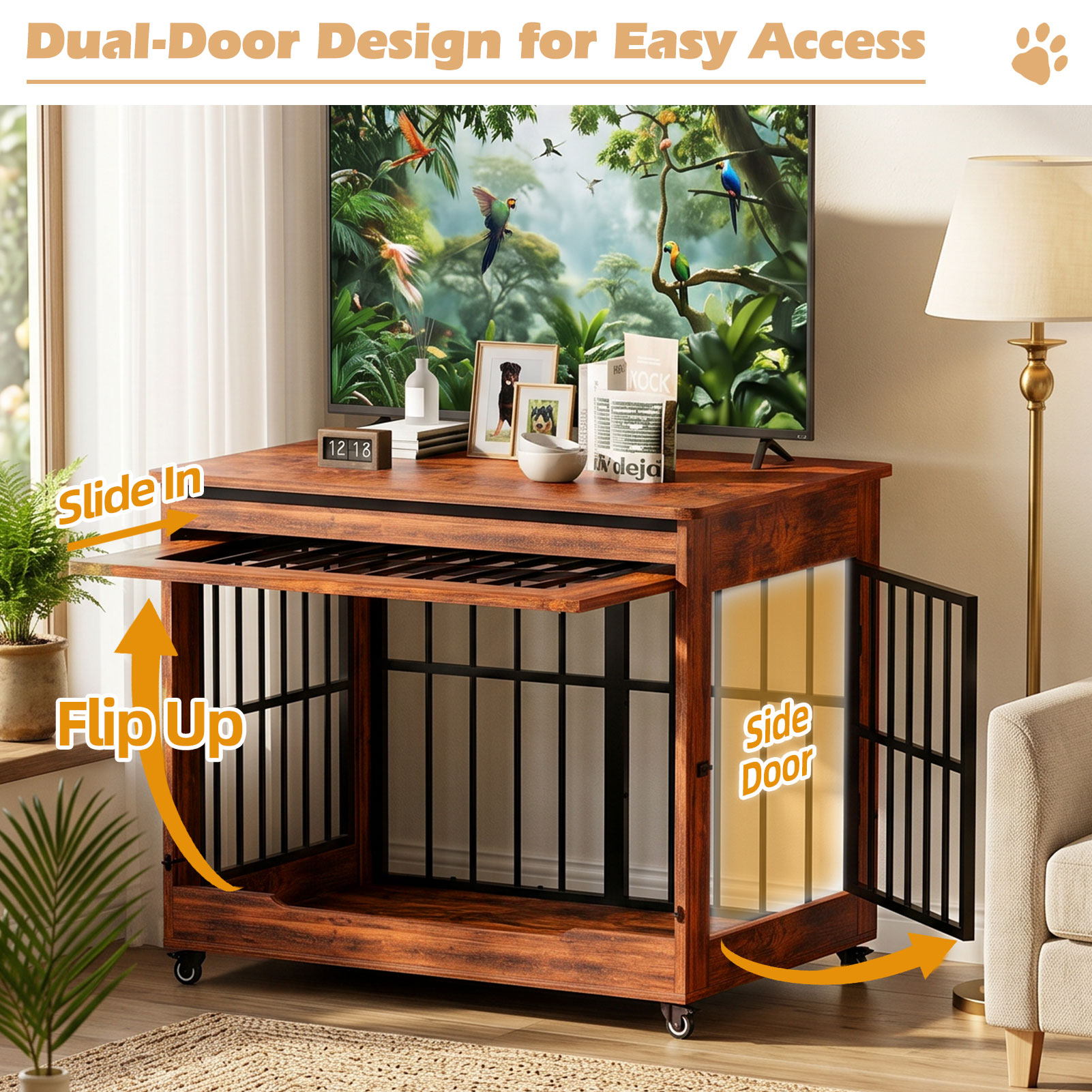 Large Dog Crate Furniture, Double Door Wooden Indoor Dog Kennel Furniture, Decorative Pet Cage End Table With Wheels For Extra Large Breed Dogs, Size 2XL, Greige — image 31