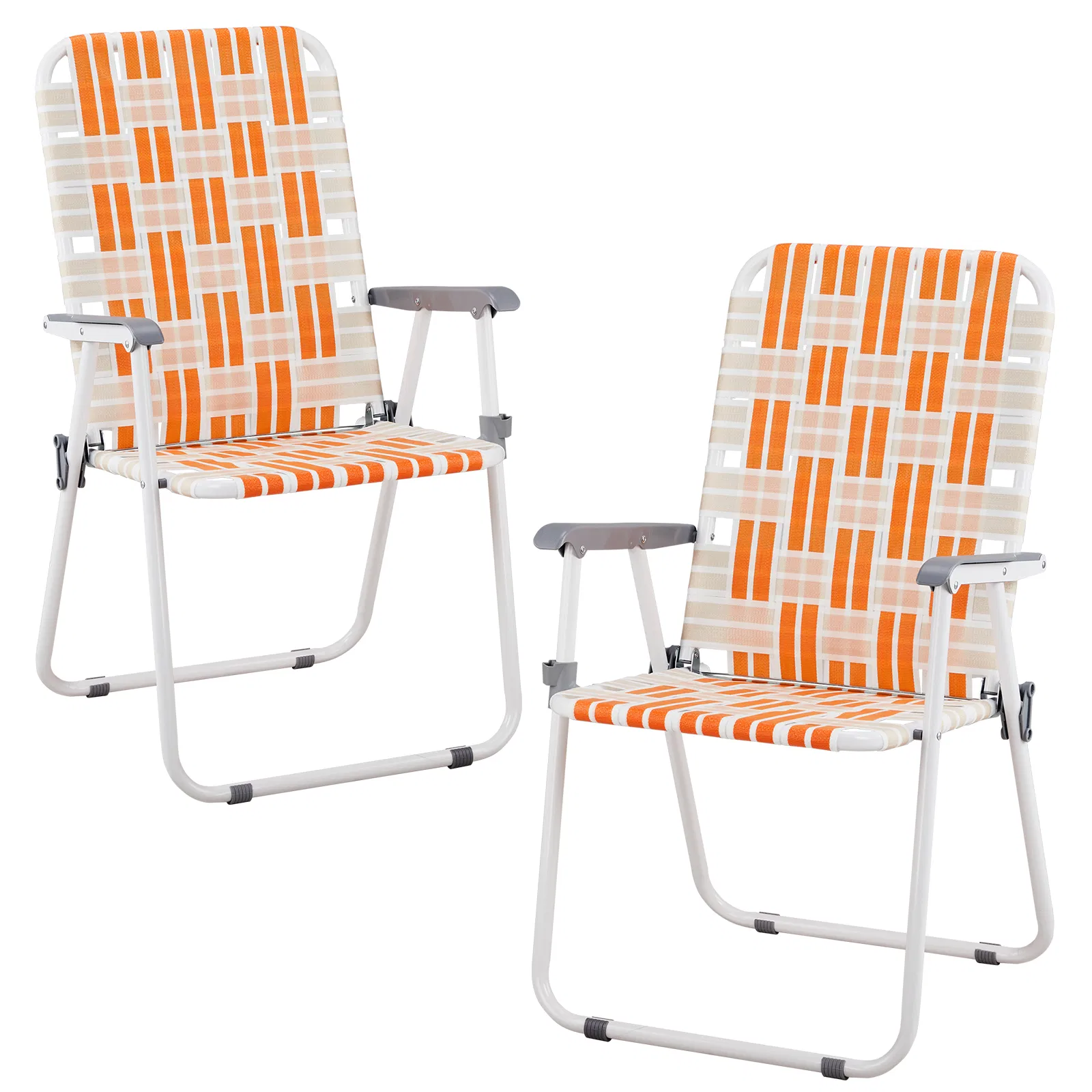 Set of 2 Webbed Folding Beach Chairs, Outdoor Patio Lawn Foldable Chairs for Camping Fishing Yard Poolside BBQ, Orange & White — image 14