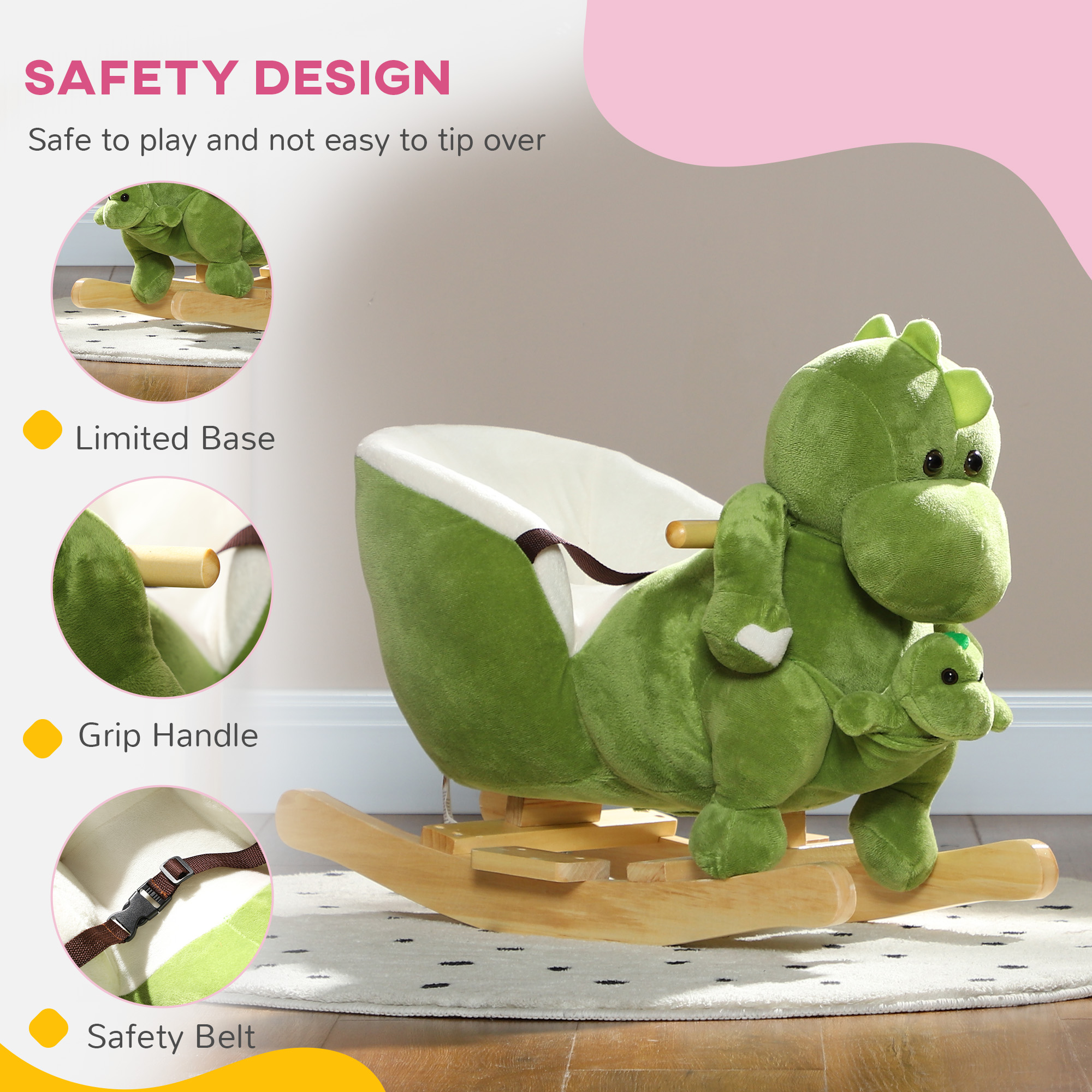 Caballo de Madera con Dinosaurio, Cinturón de Seguridad y 32 Canciones para Niños de 18 a 36 Meses, Verde — imagen 8