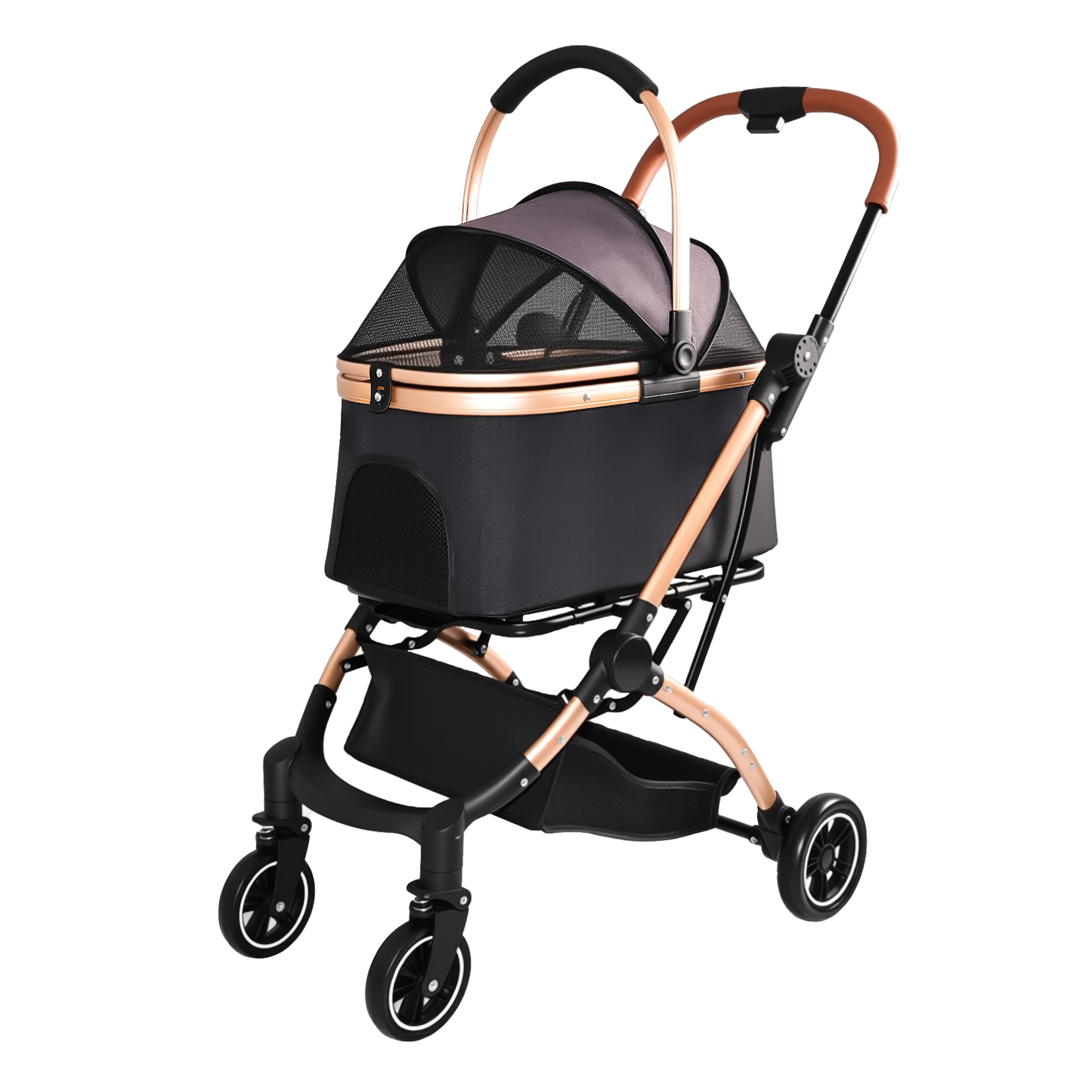 Pet Stroller for Dogs and Cats, 2-in-1 Detachable Foldable 4 Wheels Pet Stroller, Quick One-Hand Fold, Storage Basket, Detachable Carry Basket with Sun Canopy(Black+Gold) — image 17