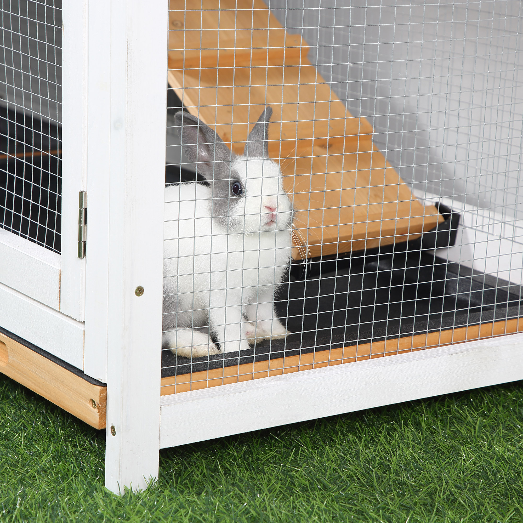 62" Rabbit Hutch, Wooden Bunny Hutch, Guinea Pig Cage, Small Animal Enclosure with Run Area, Removable Tray, Asphalt Roof, Lockable Doors and Ramp, for Rabbits, Chickens, Ducks, Nature Wood — imagen 2