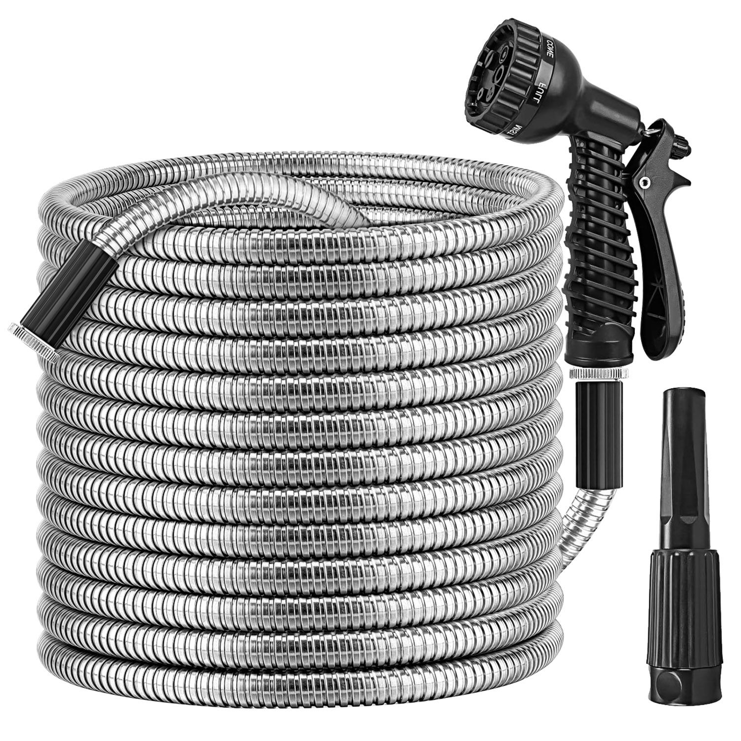 Manguera de Jardín de Acero Inoxidable Ultra Resistente, Opciones de 25FT-50FT-100FT, Kit de Riego con Manguera Metálica, 2 Boquillas, 12 Patrones, Flexible, Extensible, Resistente a Nudos, Enredos y Punciones, a Prueba de Perros — imagen 6