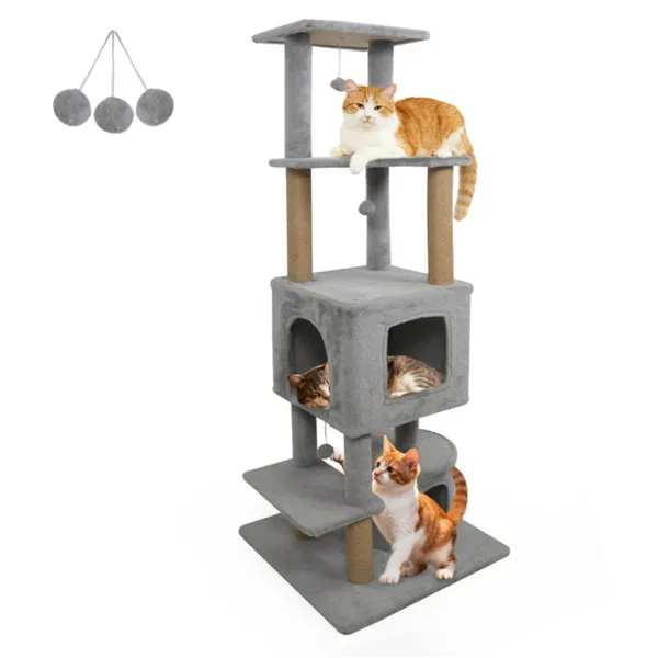 Torre para Gatos Gris Claro de 64" con Perchas de Peluche y 3 Bolas Colgantes, Postes Rascadores de Yute y Dispositivo Antivuelco para Hogares con Varios Gatos — imagen 1