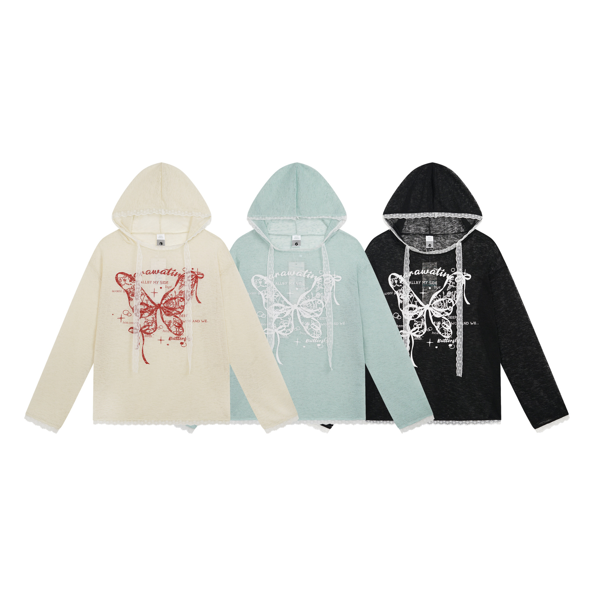 Lace Butterfly Applique Hoodie Lightweight Breathable Lace Trim Sweet Style Long Sleeve — image 5
