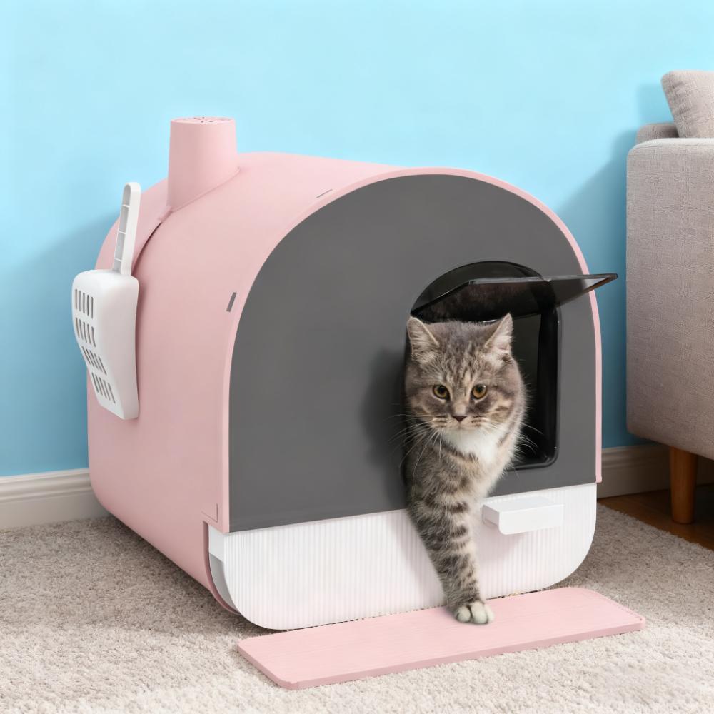 Pink Cat Litter Box With Lid With Scoop And Filter — imagen 2
