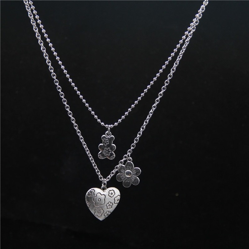 Punk Rock Flower Bear Heart Pendant Necklace Hip Hop Stainless Steel Jewelry Cool for Women Girl GiftsParty Nightclub Gifts — image 3