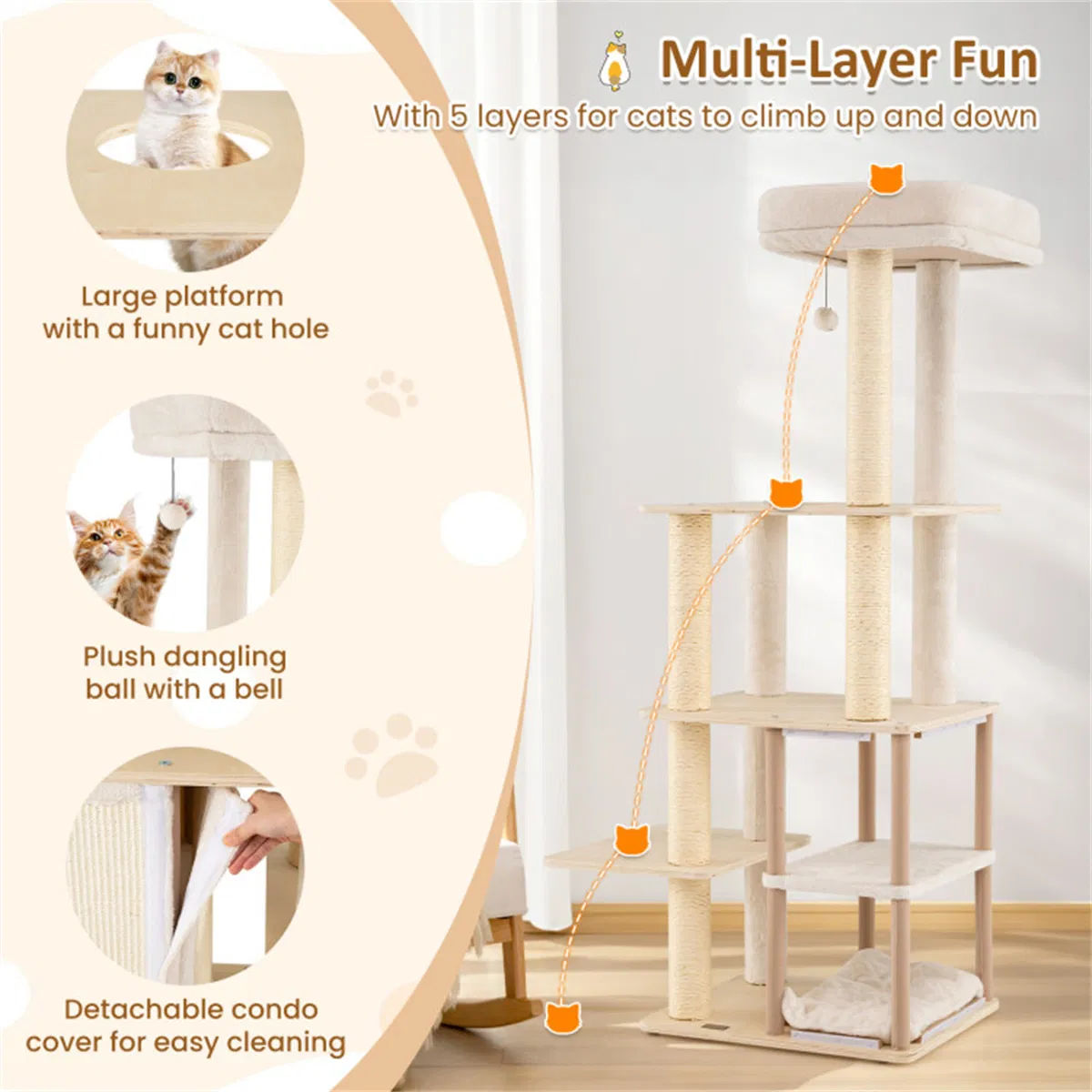 63" Wooden Cat Tree - 2-Story Condo with Bamboo Interior, 5 Sisal Scratching Posts, 44 lbs Per Layer Capacity — image 9