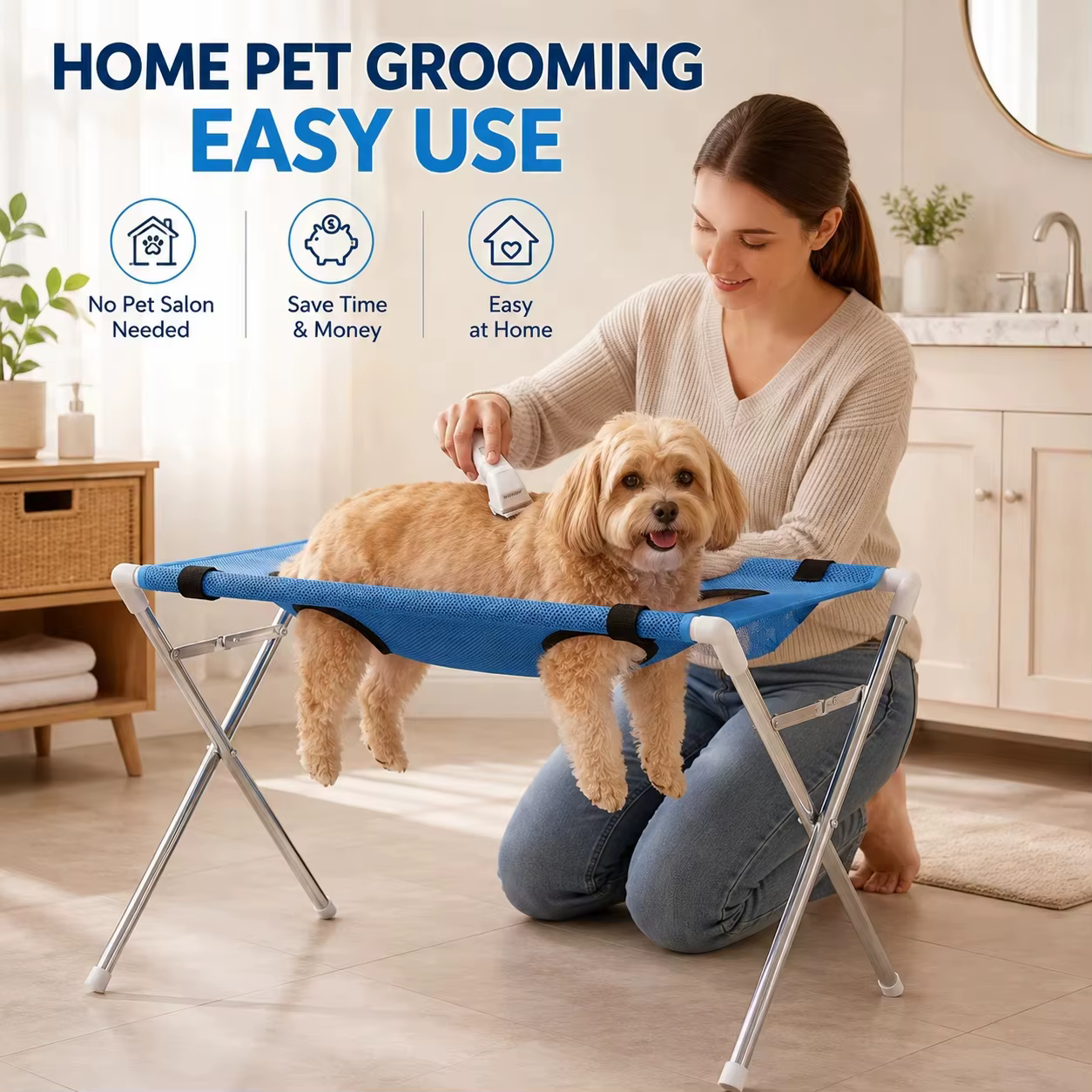 Breathable Pet Grooming Hammock Stand Foldable Dog Cat Nail Clipping Restraint Stainless Steel Care Table for Home Grooming Use — image 2
