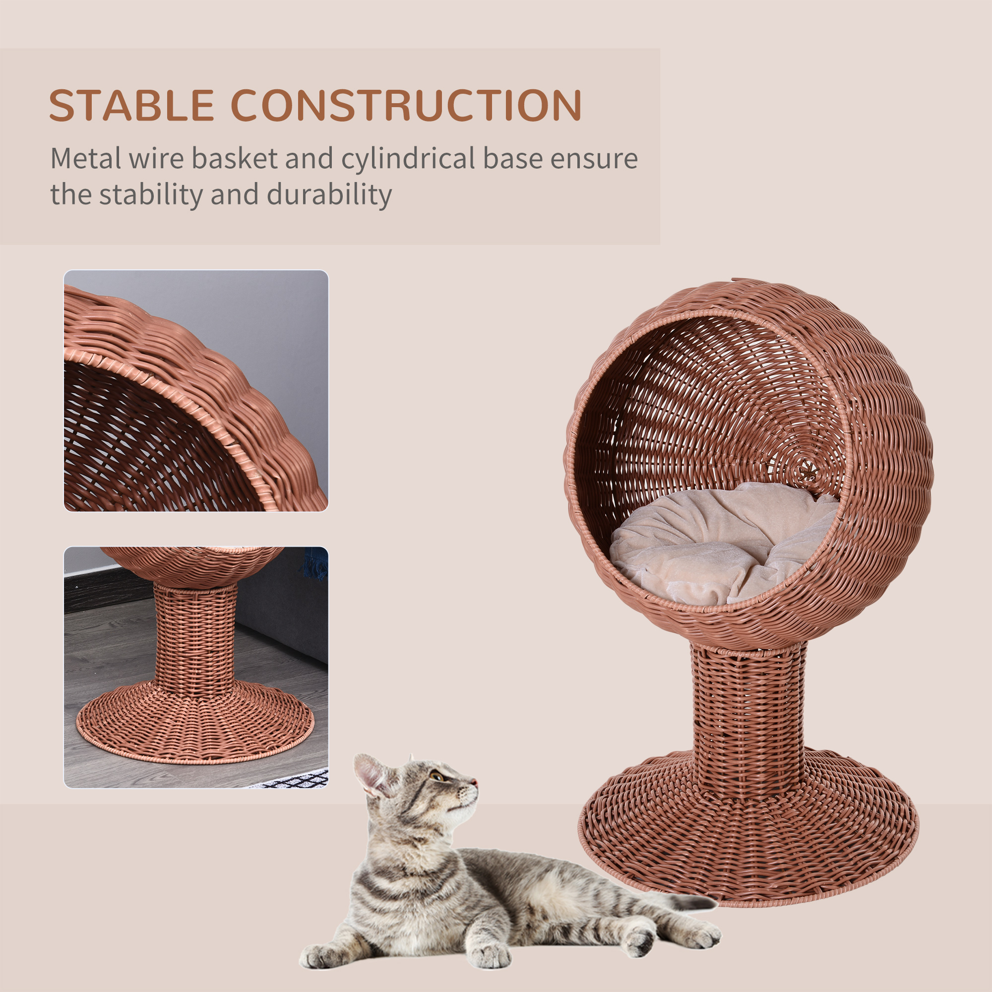 Cama para Gatos Elevada con Silla de Huevo Rotativa, Caja de Descanso para Gatos con Muestras Naturales y Cushión Espeso, Marrón — imagen 5