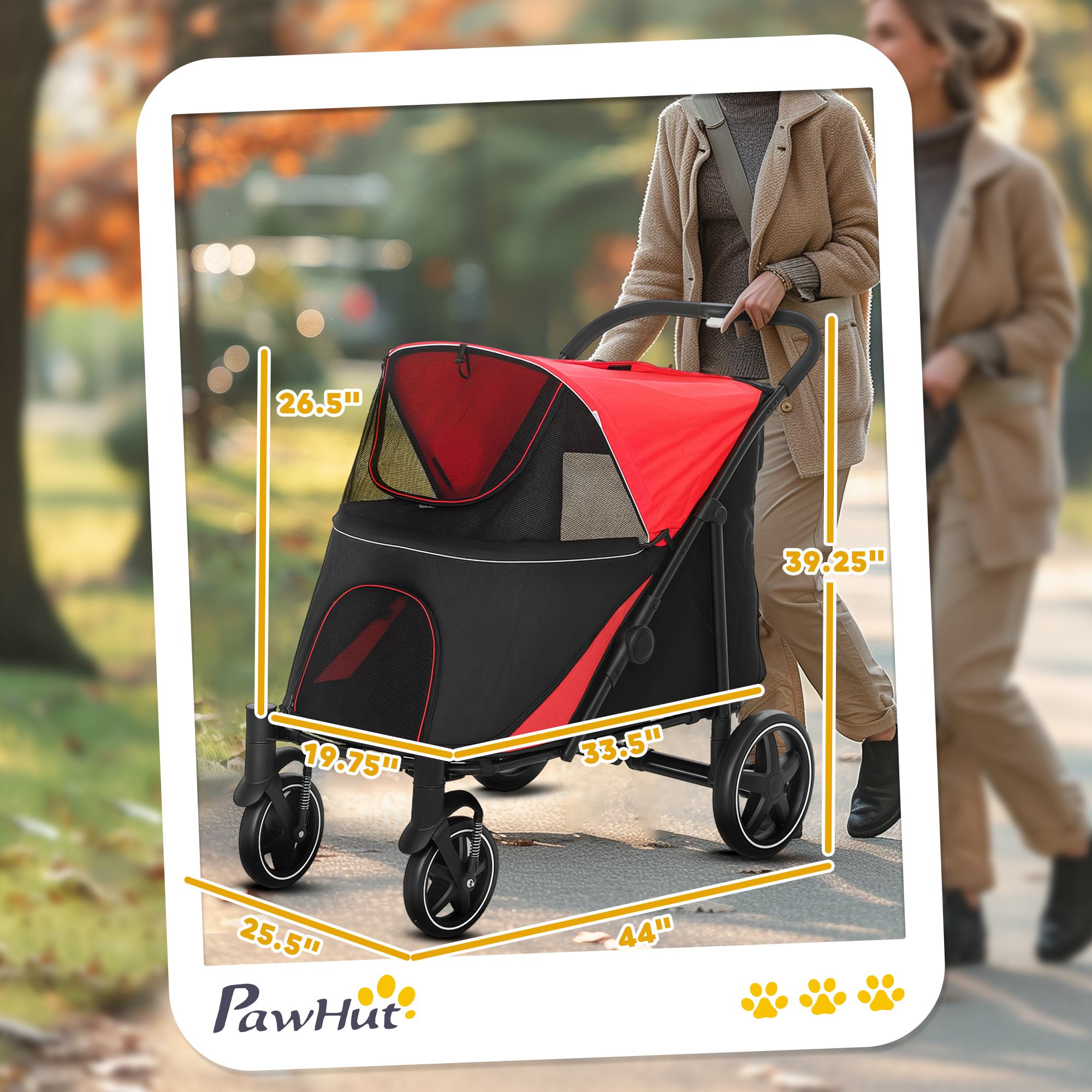 Dog Stroller for Large Medium Small Dogs up to 66 Lbs. 23.5" in Body Length, One-Click Foldable Pet Cat Stroller with Storage, Shock Absorption Wheels, Mesh Window, Safety Leash, Red — image 2