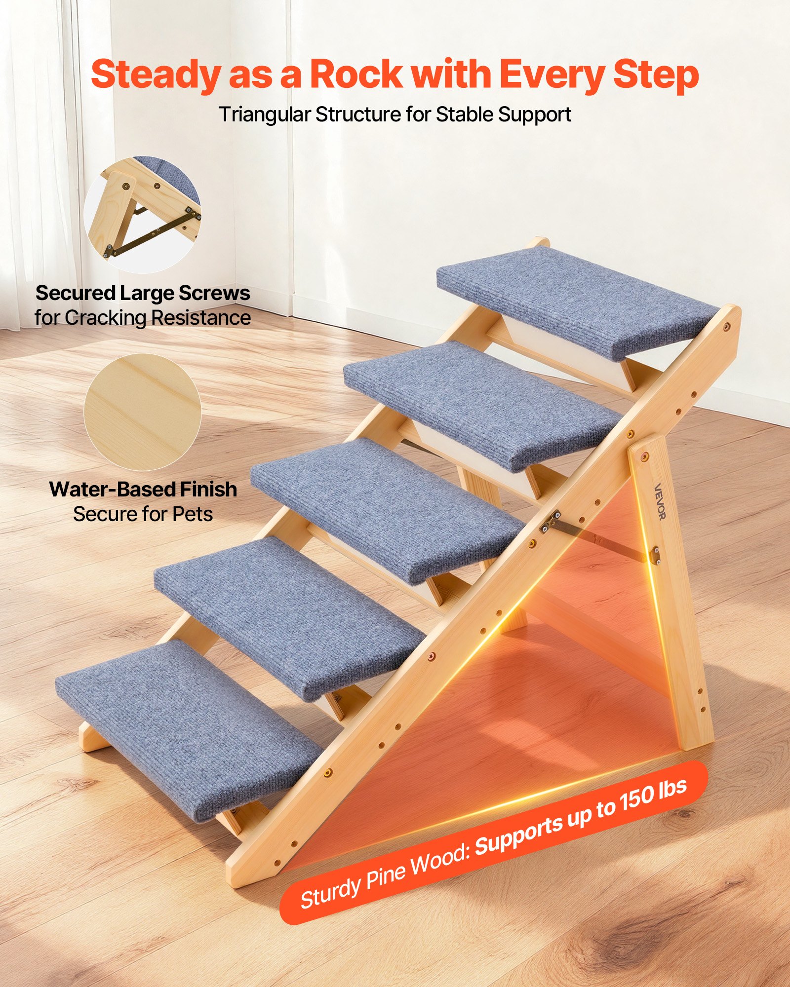 Escaleras de Madera para Mascotas, 5 Peldaños para Canes y Gatos en Camas, Sofás & Coches, Capacidad 150lbs, Diseño Plio Plegable, Estable y Rígido Para Pequeños Grandes Ancianos Perros y Gatos — imagen 3