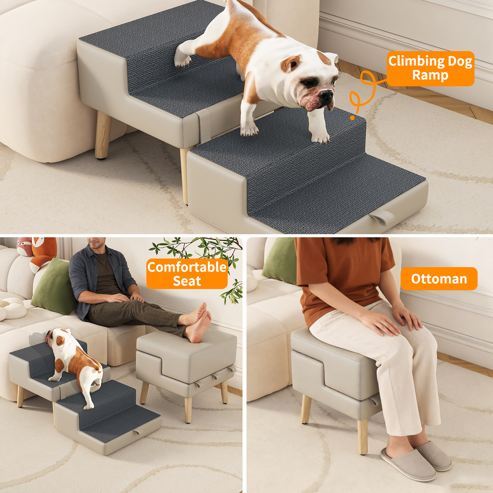 4-Step Ottoman Dog Stairs, 2-in-1 Foldable Pet Ramp for Bed, Dog Ramp for Small Puppy and Cats, Sturdy Wood Frame Support with Non-slip walking surface, Holds Up To 220lbs ( Light Grey Color ) — image 8